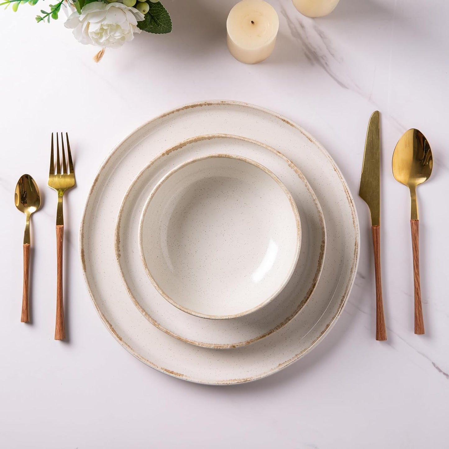 AmorArc Ceramic Dinnerware Sets, Wavy Rim Stoneware Plates and Bowls Sets, Highly Chip and Crack Resistant | Dishwasher & Microwave Dishes set, Service for 4 (12pc)-Speckled Cappuccino