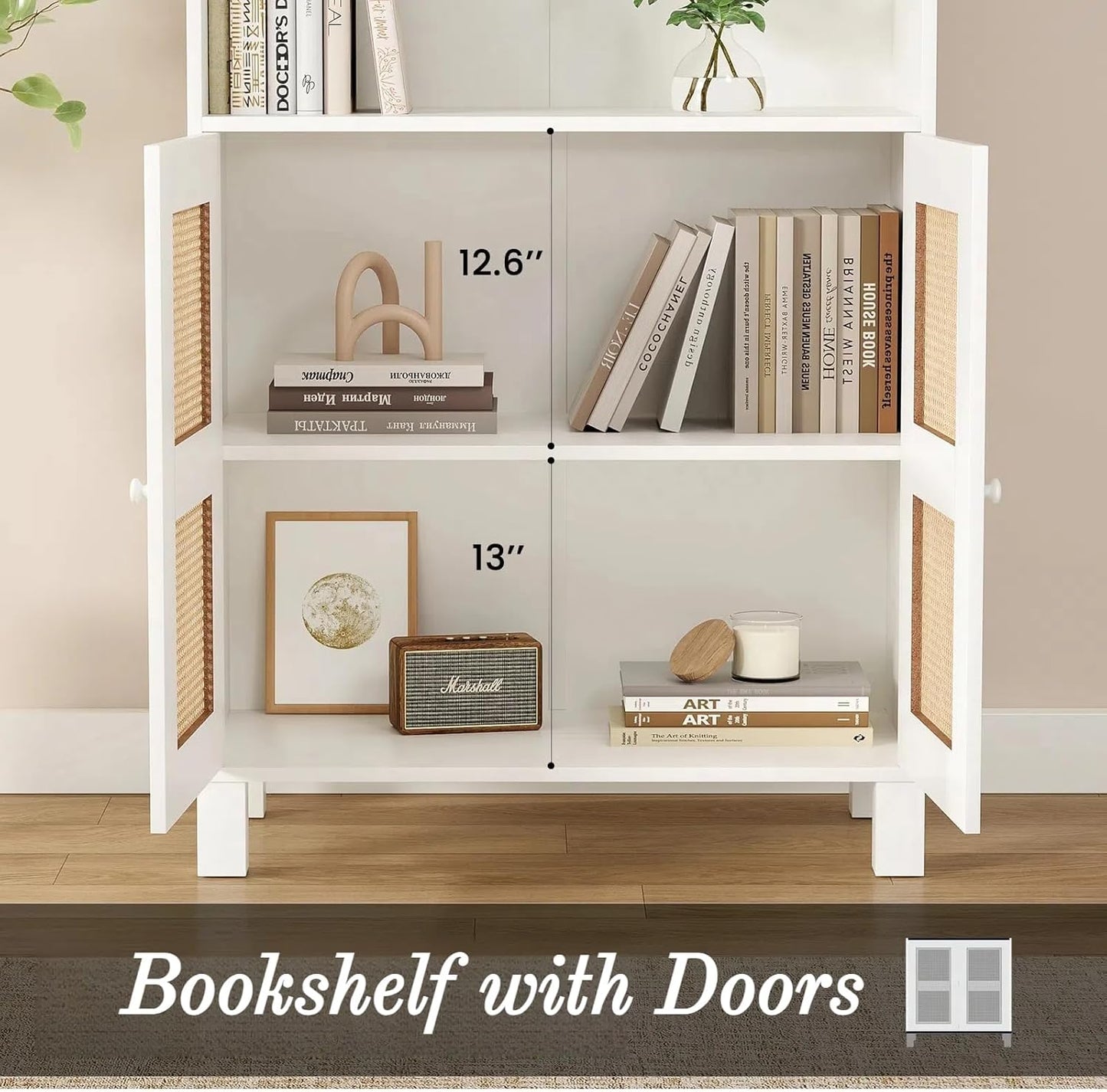 Tall Bookshelf, 5-Tier Book Shelf with 2 Rattan Doors, Freestanding Bookcase Display Shelves with Large Storage, Book Case for Living Room, Office, Study, Bedroom, 70.9 Inch