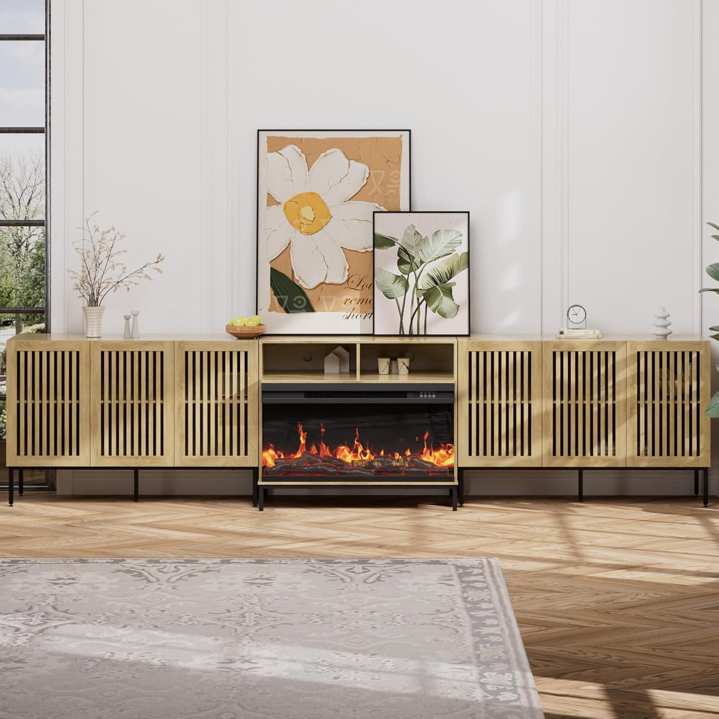 3-Sided Glass Farmhouse Fireplace TV Stand for TVs Up to 110 Inch, Oak Entertainment Center with 36" Electric Fireplace, TV Console with Storage Cabinets for Living Room