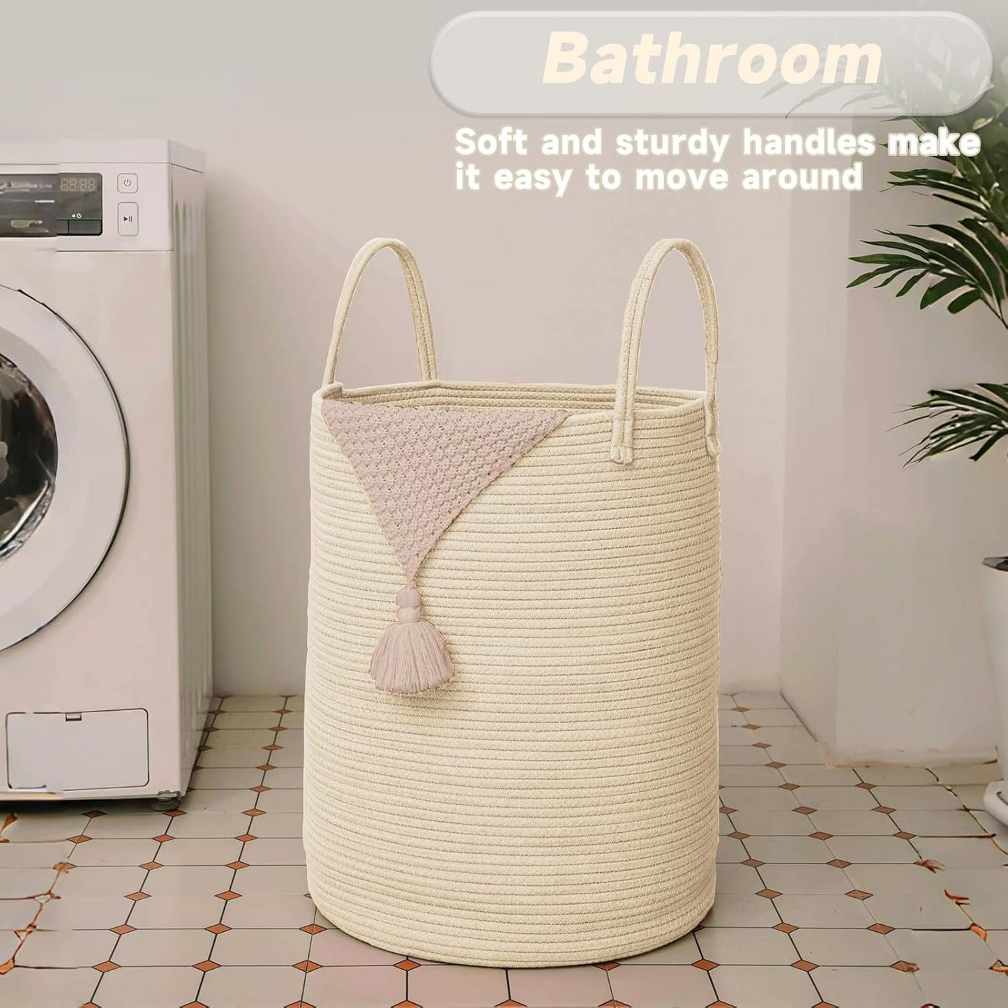 Large Woven Laundry Basket Hamper,100L Cotton Rope Storage Bin for Blankets,Toys and Clothes,Decorative Tall Nursery Hamper for Living Room,Baby Nursery,Bathroom and Bedroom,Beige