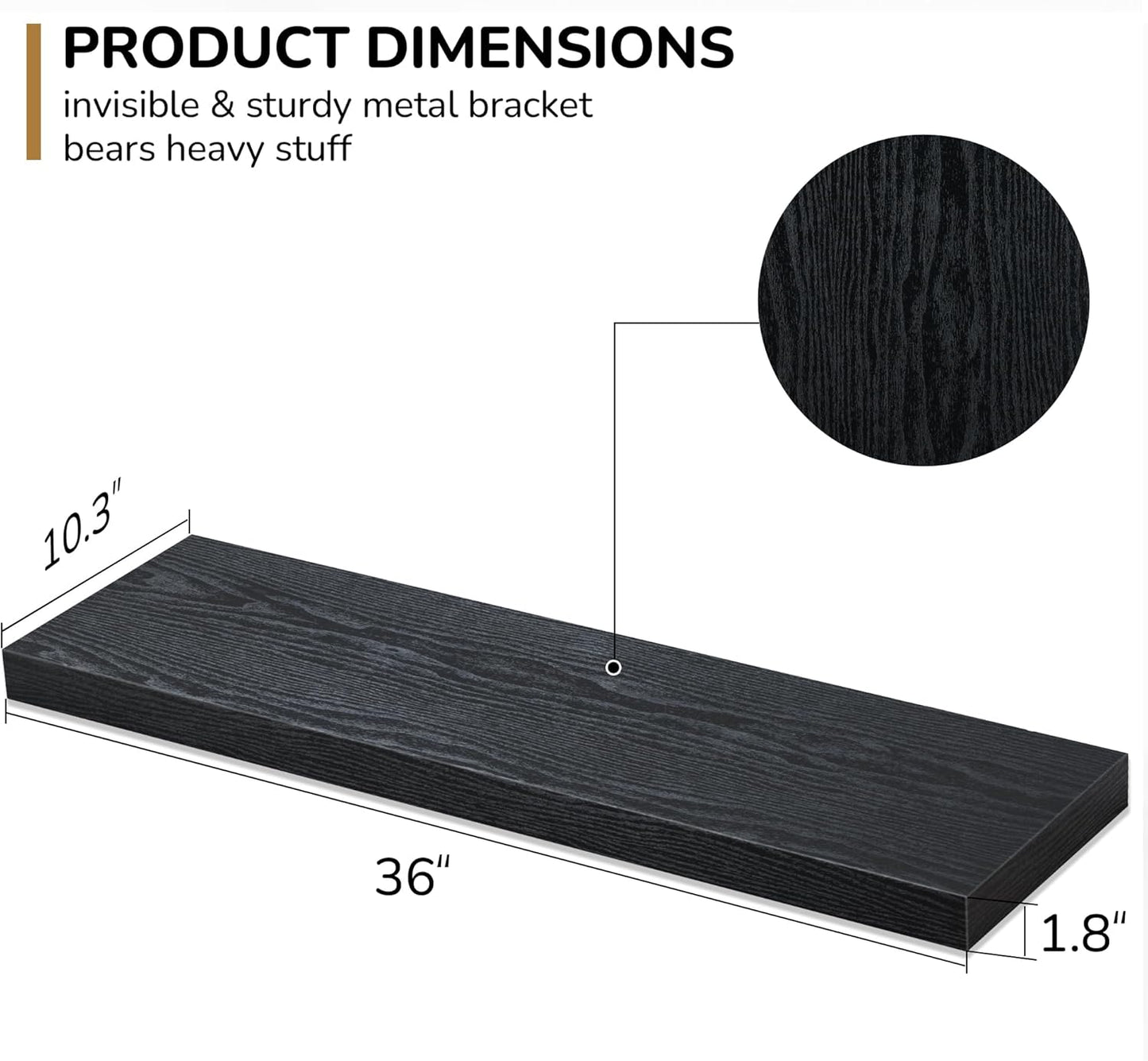 Floating Shelves - 10.3 Inch Deep Wall Shelf for Decor & Storage - Wall Mounted Display Shelving with Invisible Heavy-Duty Metal Bracket - 36" W x 10.3" D x 1.8" H - Set of 1 - Rustic Black