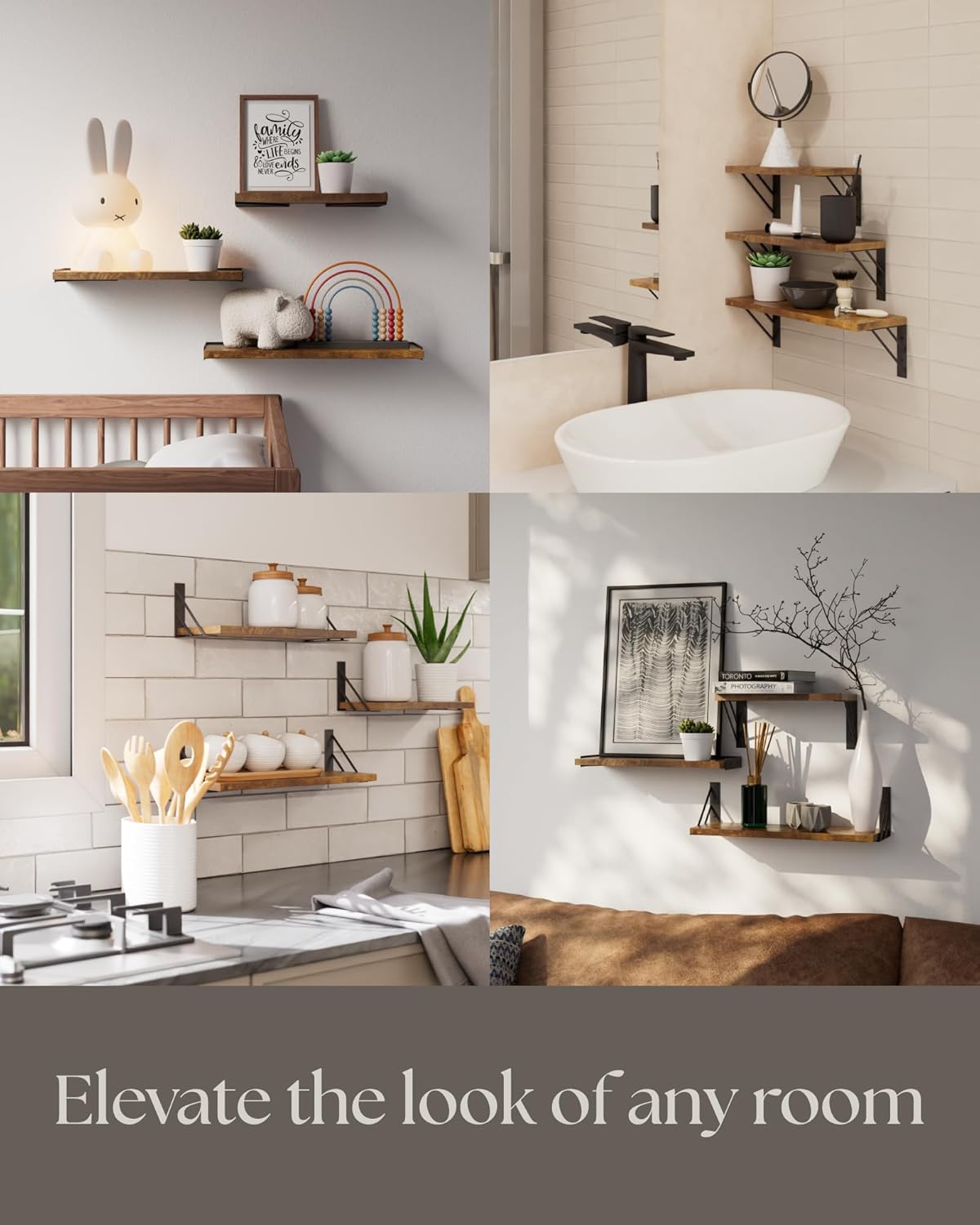 BAYKA Wall Shelves for Bedroom Decor, Floating Wall Shelves for Living Room Kitchen Storage, Wall Mounted Rustic Wood Floating Shelves for Kids Books,Corner Shelves for Bathroom(Set of 3)