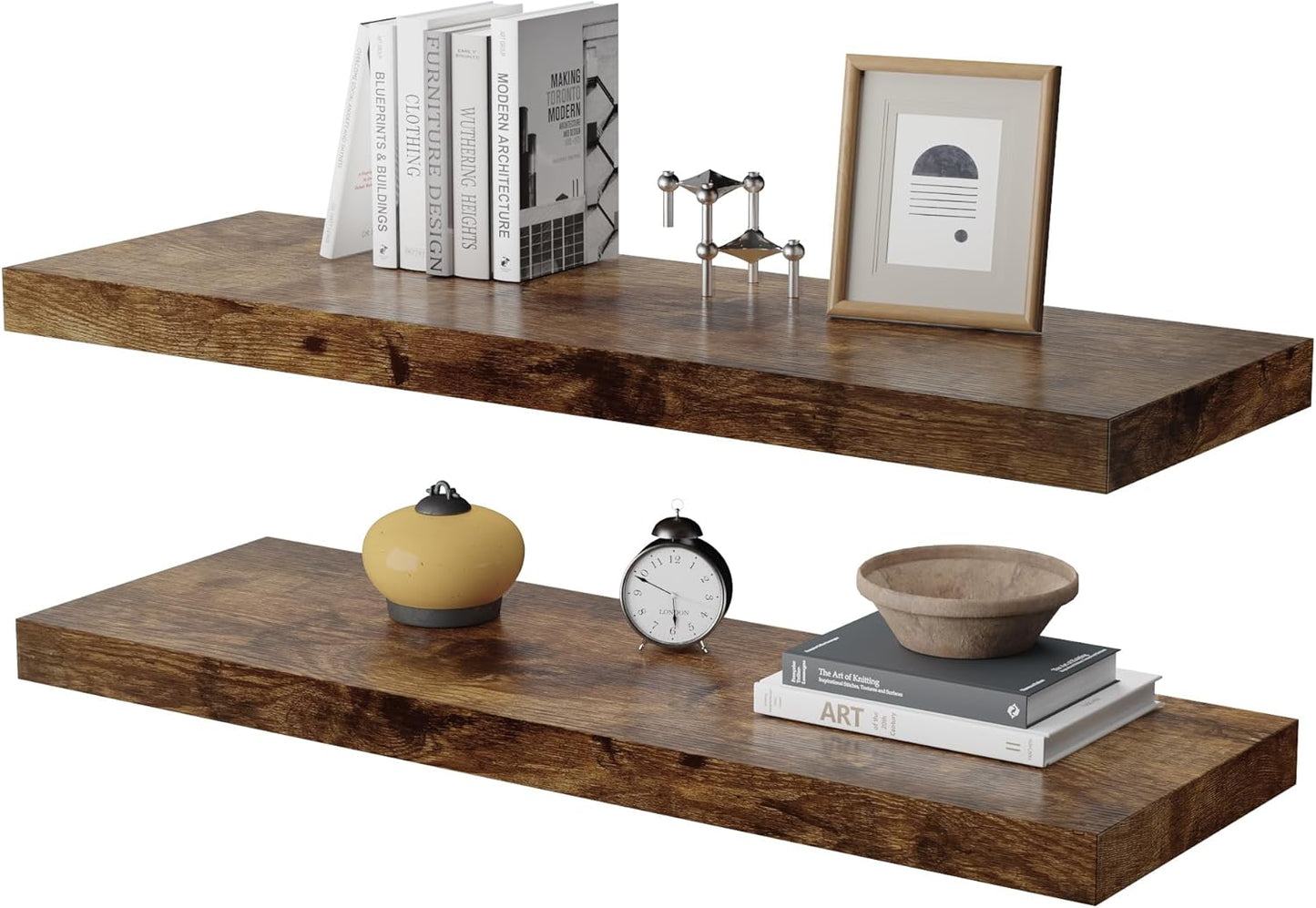 Large Floating Shelves for Wall Set of 2 Wooden Wall Shelves 24 in x 12.75 in x 2 in Room Decor Long Shelf with Invisible Wall Mount Bracket for Bedroom Kitchen Living Room Rustic Brown