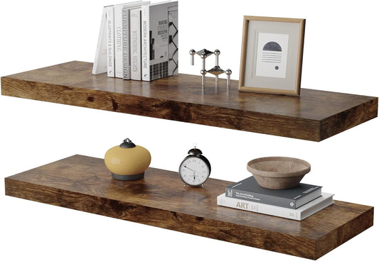 Large Floating Shelves for Wall Set of 2 Wooden Wall Shelves 36 in x 12.75 in x 2 in Room Decor Long Shelf with Invisible Wall Mount Bracket for Bedroom Kitchen Living Room Rustic Brown