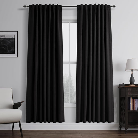 BOODII Black Blackout Curtains for Bedroom 80 Inch Length 2 Panels Set Room Darkening Curtains Linen Black Out Curtain Modern Thermal Insulated Living Room Drapes Back Tab 52x80