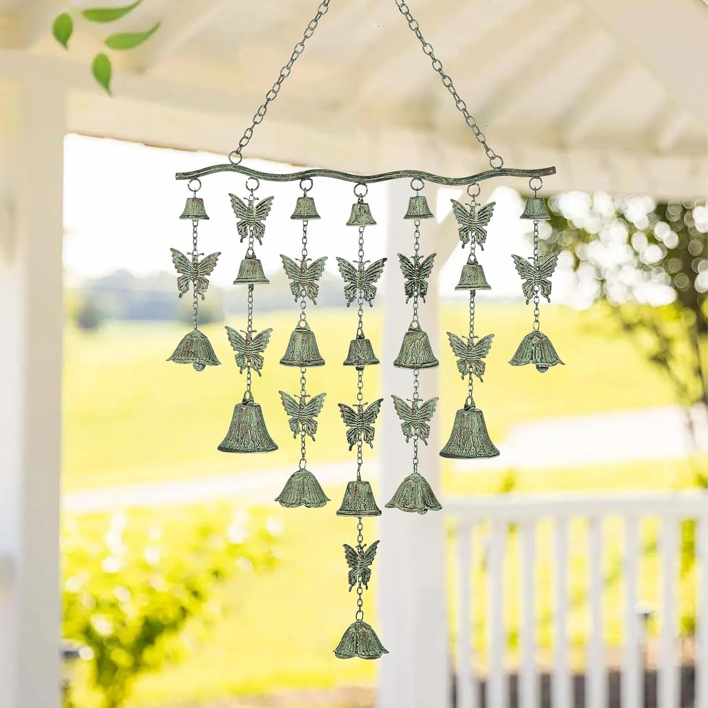 Butterfly Wind Chimes for Outside, Large Strung Verdigris Windchimes with Wrought Iron Bell for Garden, Patio, Porch Outdoor Decor, Memorial Sympathy