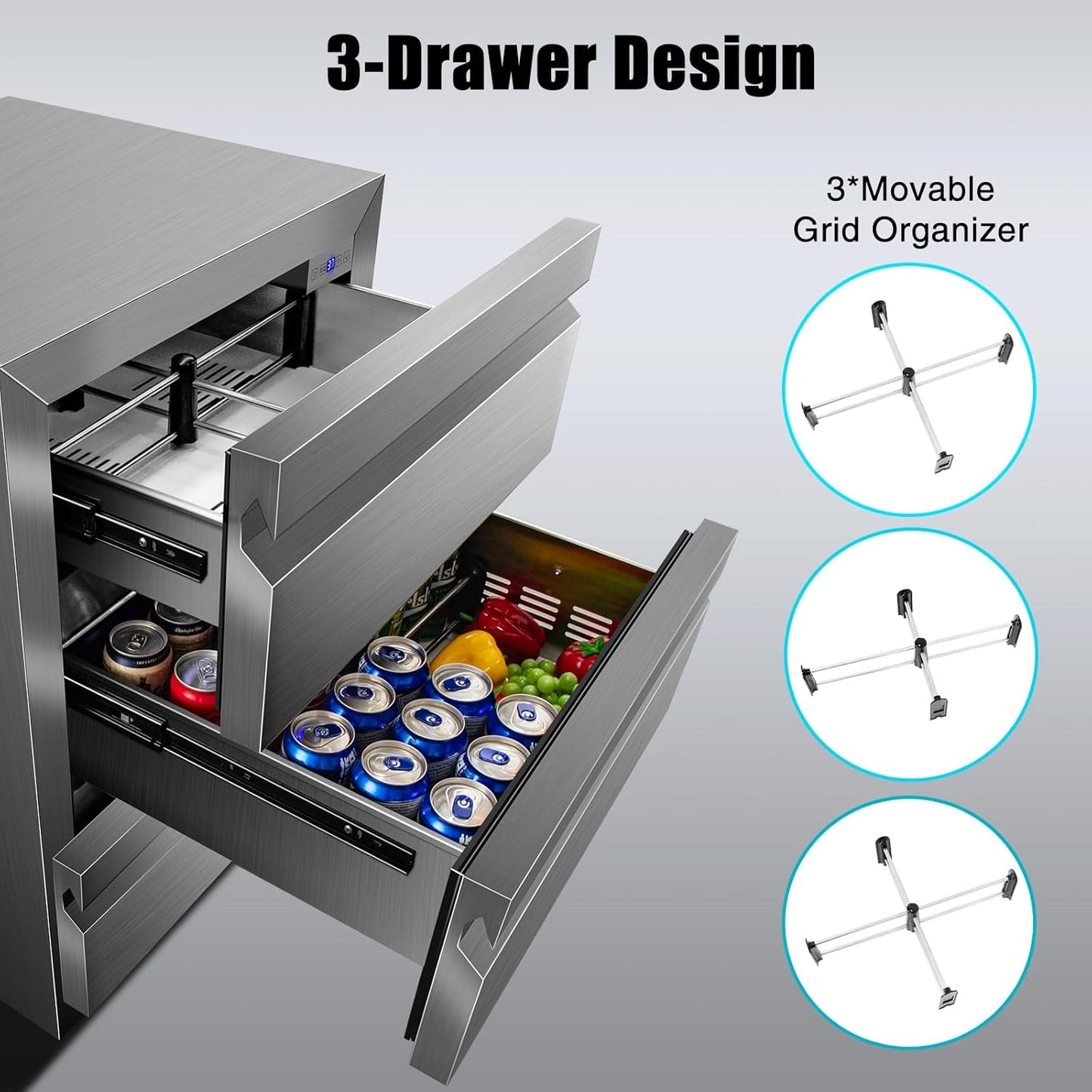 24 Inch Upgraded Three-Drawer Beverage Fridge, Weather Proof Outdoor Stainless Steel Beverage Refrigerator, Under Counter Built-in Beverage Cooler for Home & Commercial Use