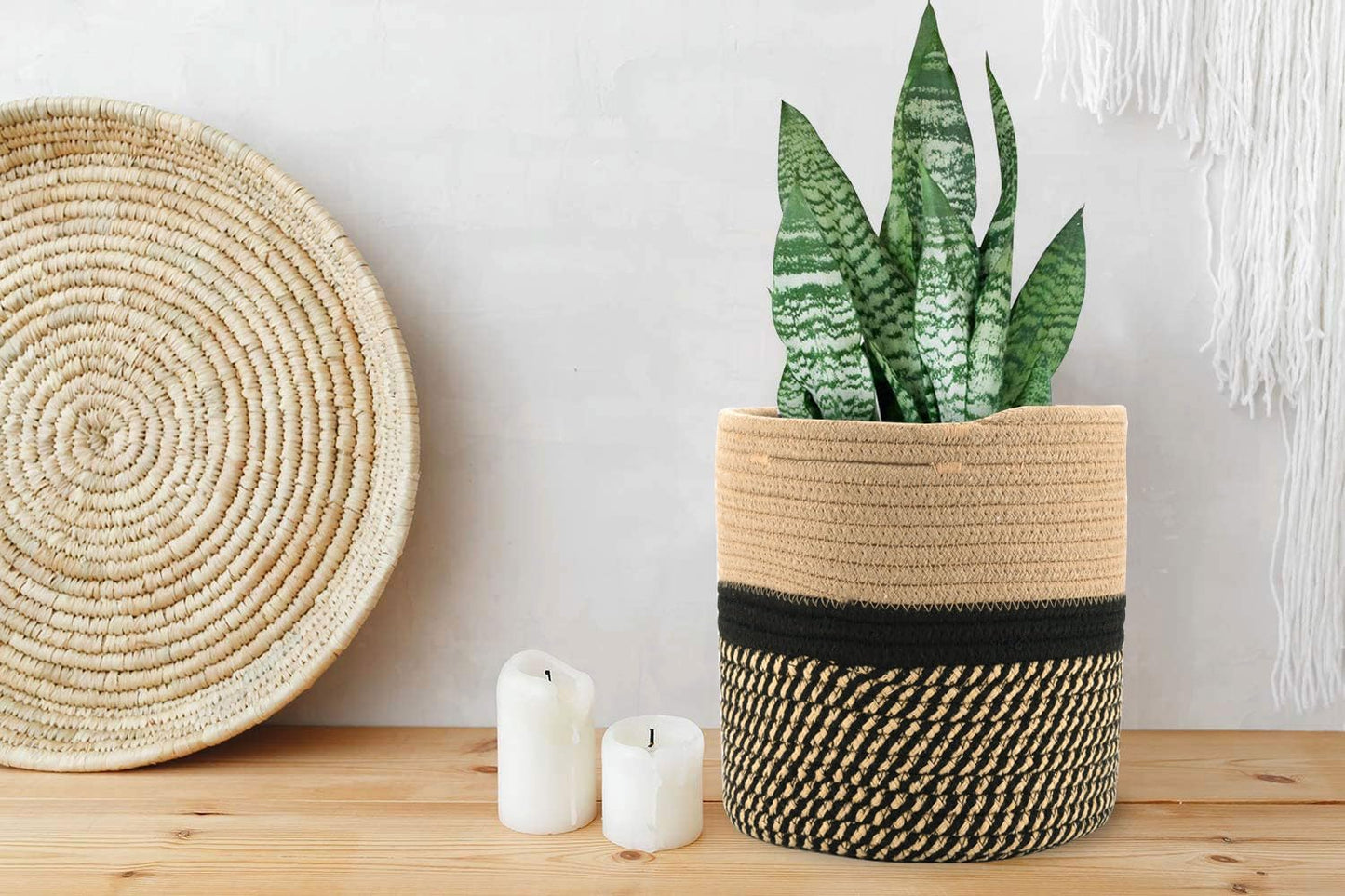 Woven Cotton Rope Plant Basket for 11" Flower Pot Floor Indoor Planters,Storage Organizer Basket Rustic Home Decor (11" x 11",Black and Brown Stripes)
