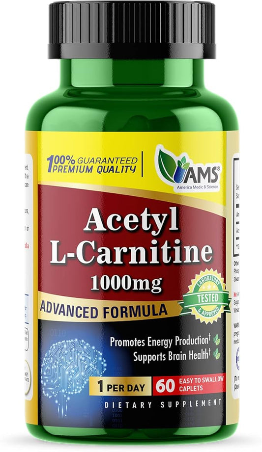 America Medic & Science Acetyl L-Carnitine 1000mg (60 Tablets) | Dietary Supplement for Men and Women | Promotes Energy Production | Supports Brain Health | Helps Improve Memory and Focus