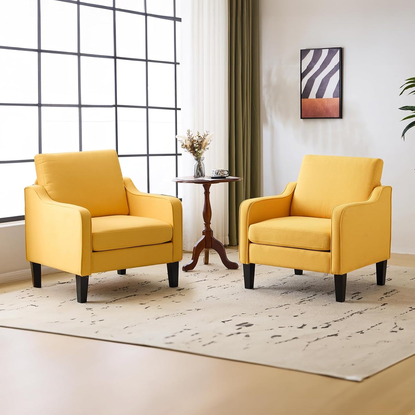 VINGLI Accent Chairs Set of 2 Living Room Chairs Yellow Reading Chair for Bedroom Scooped Arm Chair Mid Century Modern Accent Chairs Upholstered Comfy Chair for Apartment, Waiting Room