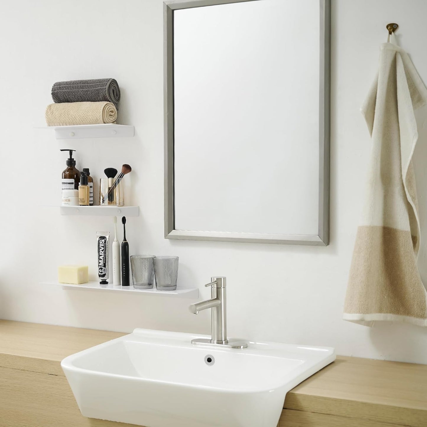 JOOM White Metal Floating Shelf - Small Bathroom Display Shelf for Wall Storage (White, 16 in)