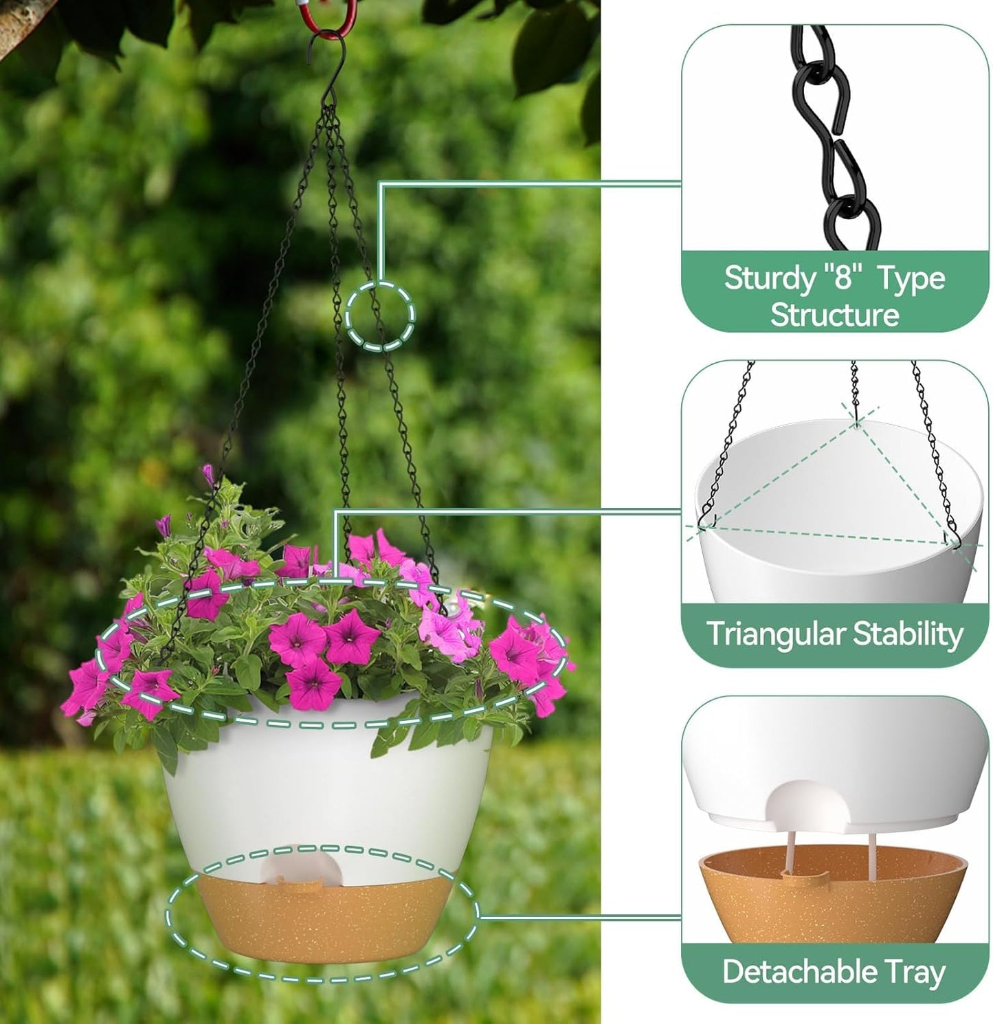ZMTECH 12 Inch Hanging Planters for Indoor Outdoor Plants, 1 Pack Self Watering Hanging Plant Pots with Drainage Holes and Removable Saucer, Plastic Flower Hanging Pots with Watering Lip (White)