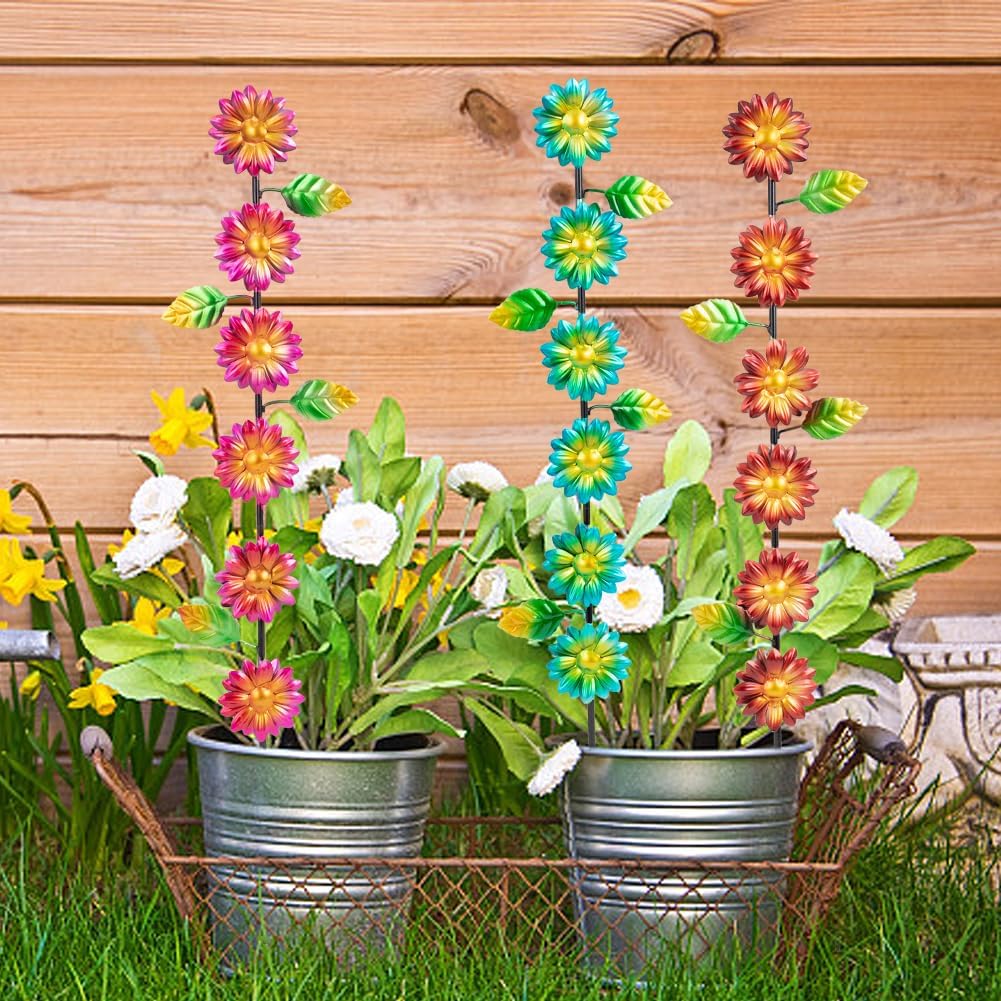 3Pack Flowers Decorative Garden Stakes,Spring Outdoor Metal Flowers Decorations,Metal Yard Art for Outside Patio Porch Decor（22.6 * 5.1IN）