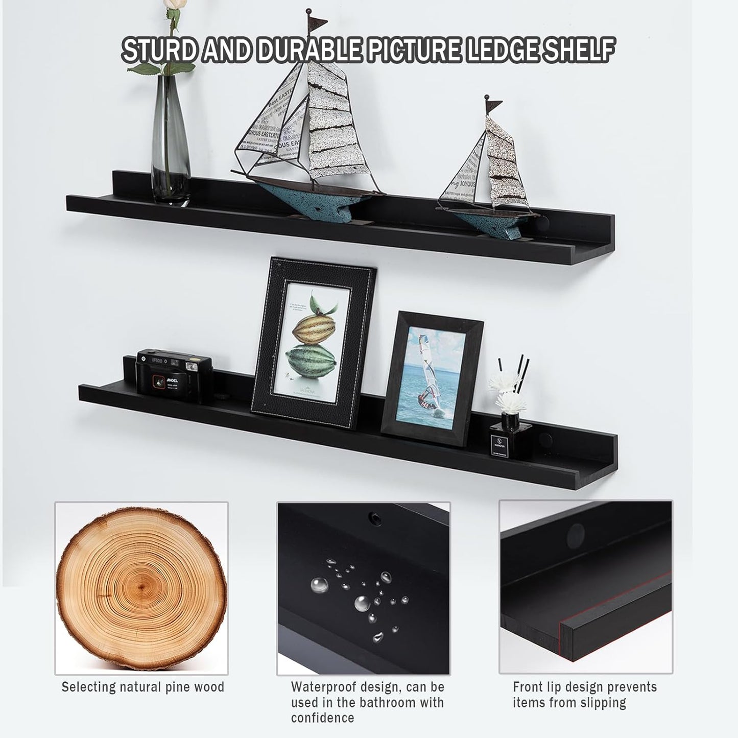 Black Floating Shelves for Wall 24 Inch Wall Shelves with Lip Modern Picture Ledge Shelf Wall Mount Photo Shelves Room Decor Hanging Book Shelves Set of 2 for Bedroom Living Room Bathroom Kitchen