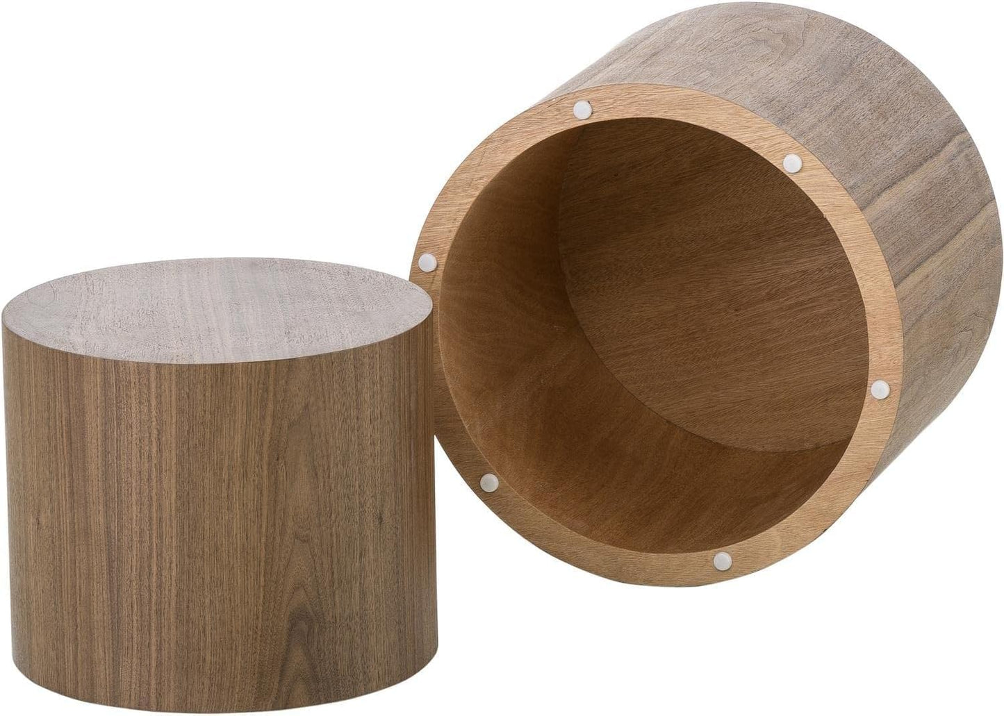 Nesting Coffee Table Set of 2, Modern Round Coffee Table with Non-Slip Feet, Walnut Wooden Circle Accent Tables for Small Spaces Living Room Bedroom Balcony Office Drum Side Table (Walnut)