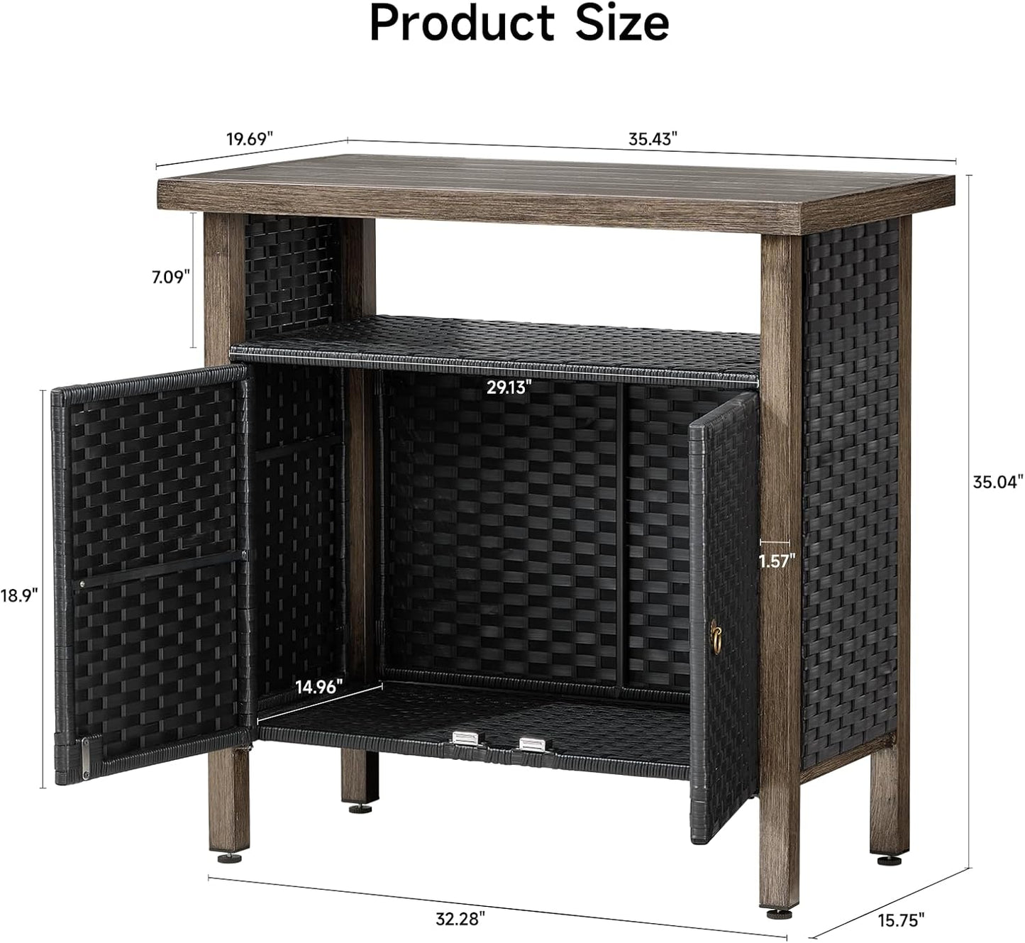 Outdoor Storage Cabinet, Woven Rattan Bar Table with 2 Doors, Slatted-Top, Wicker Console Table for Patio, Garden, Backyard, Kitchen - Black