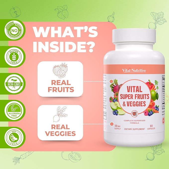 Vital Super Fruits & Veggies - Daily Superfood Capsules for Adults - Fruit & Vegetable Supplements to Boost Immunity & Energy - 2-in-1 Formula for Overall Wellness - Fruit and Vegetable Capsules