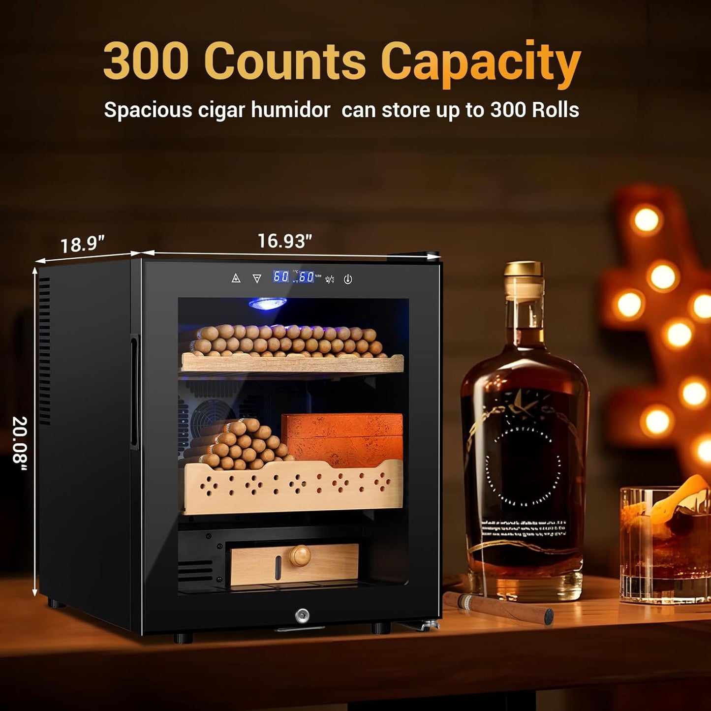 Electric Humidor for Cigars, 50L 300 Counts Large Capacity, Thermostatic Electric Cigar Cooler Cabinet with Spanish Cedar Wood Shelves, Digital LED Screen, Smart Humidity & Temp Control, Gifts for Men