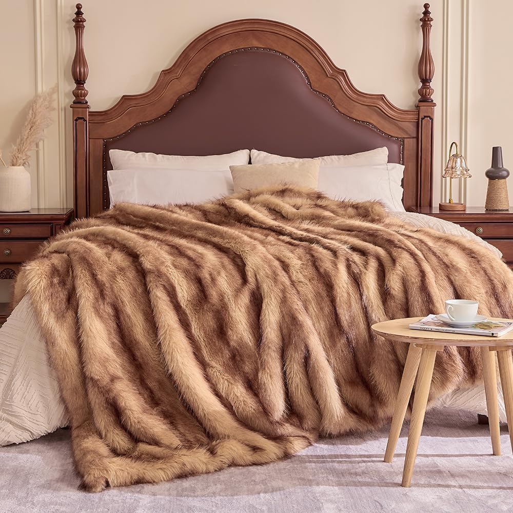 Fluffy Faux Fur Throw Blanket – Super Soft Warm Thick Plush Blanket for Bed, Couch & Office, Cozy Fuzzy Throw with Flannel Backing,108"x90", Brown