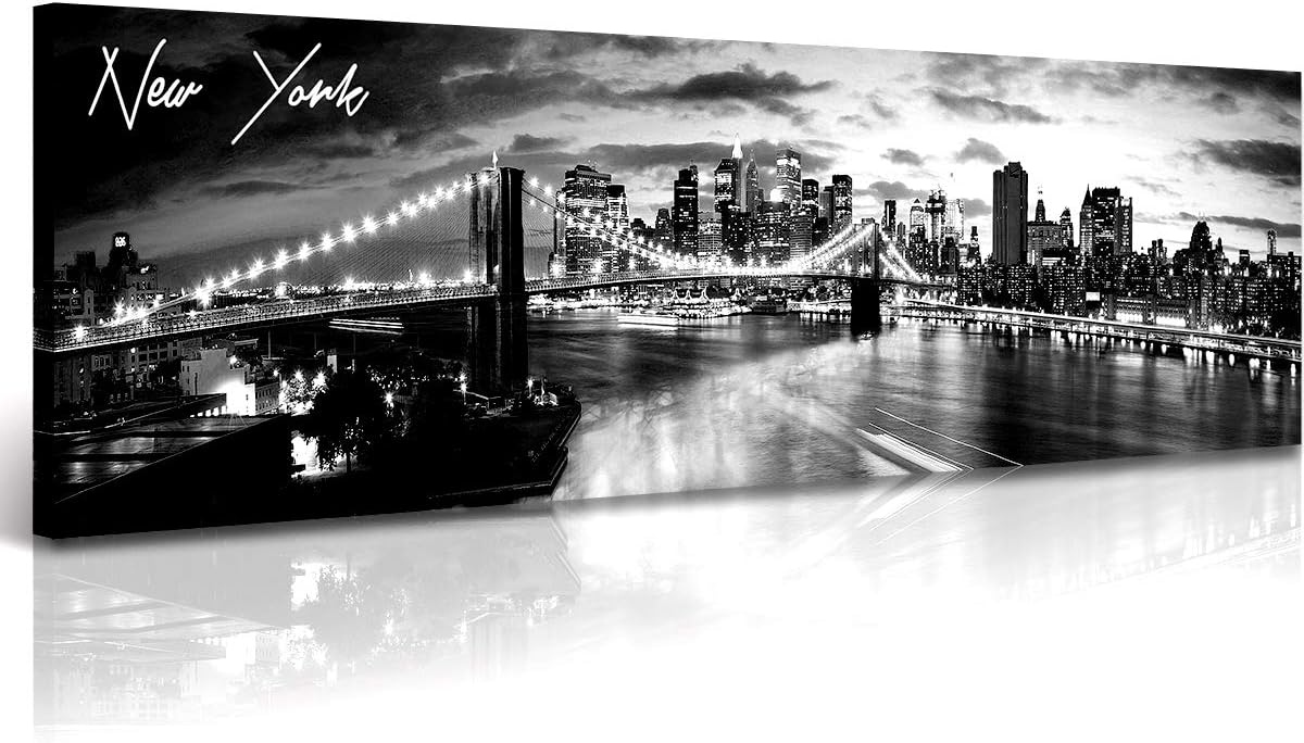 DJSYLIFE New York Skyline Wall Art - Brooklyn Bridge Night View - Black and White Nyc City Pictures Scape Artwork Painting Decoration for Bedroom or Office, Ready to Hang 13.8"x47.3"-New York1