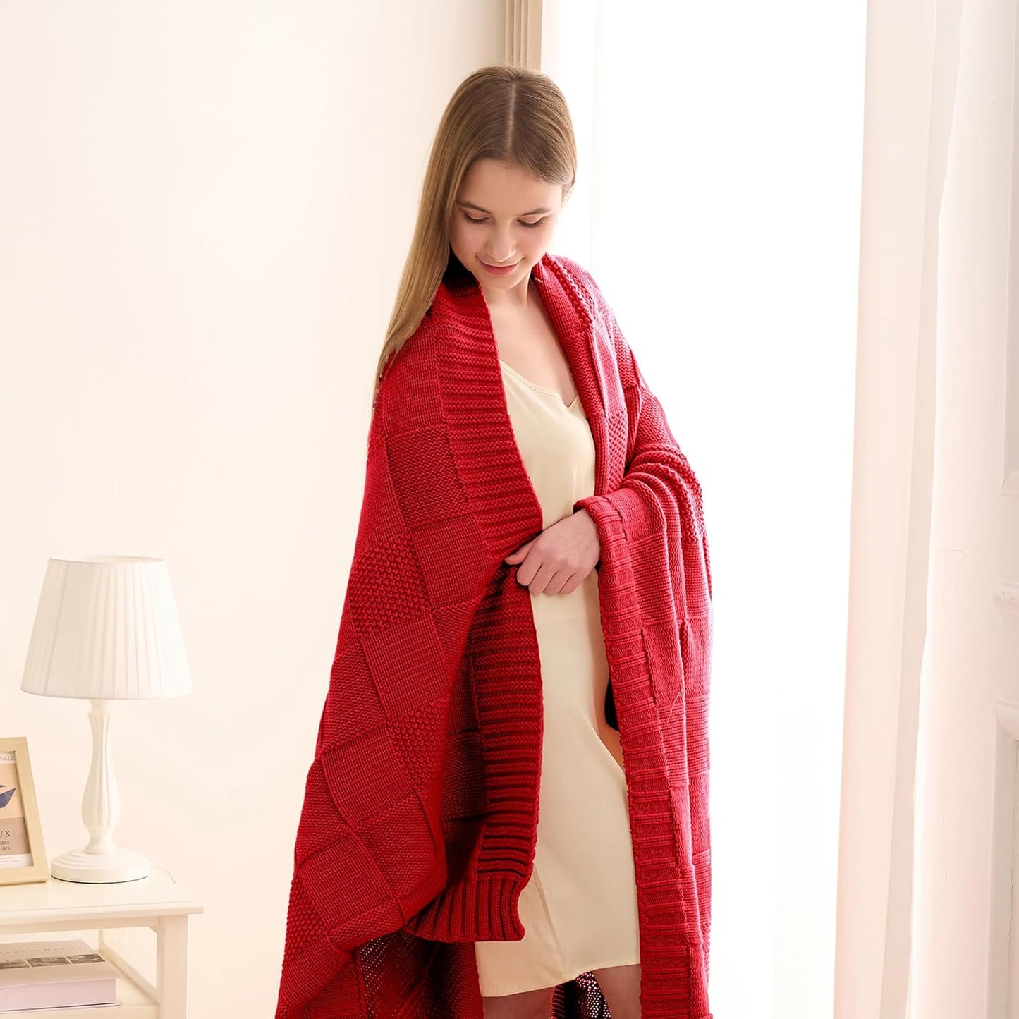 CozeCube Knit Throw Blanket,Christmas Red Checkered Bedroom Blanket for Couch,Soft Cozy Warm Knitted Blanket for Bed Sofa Living Room,Decorative Spring Fall Throw Blanket 50"X60",Christmas Red