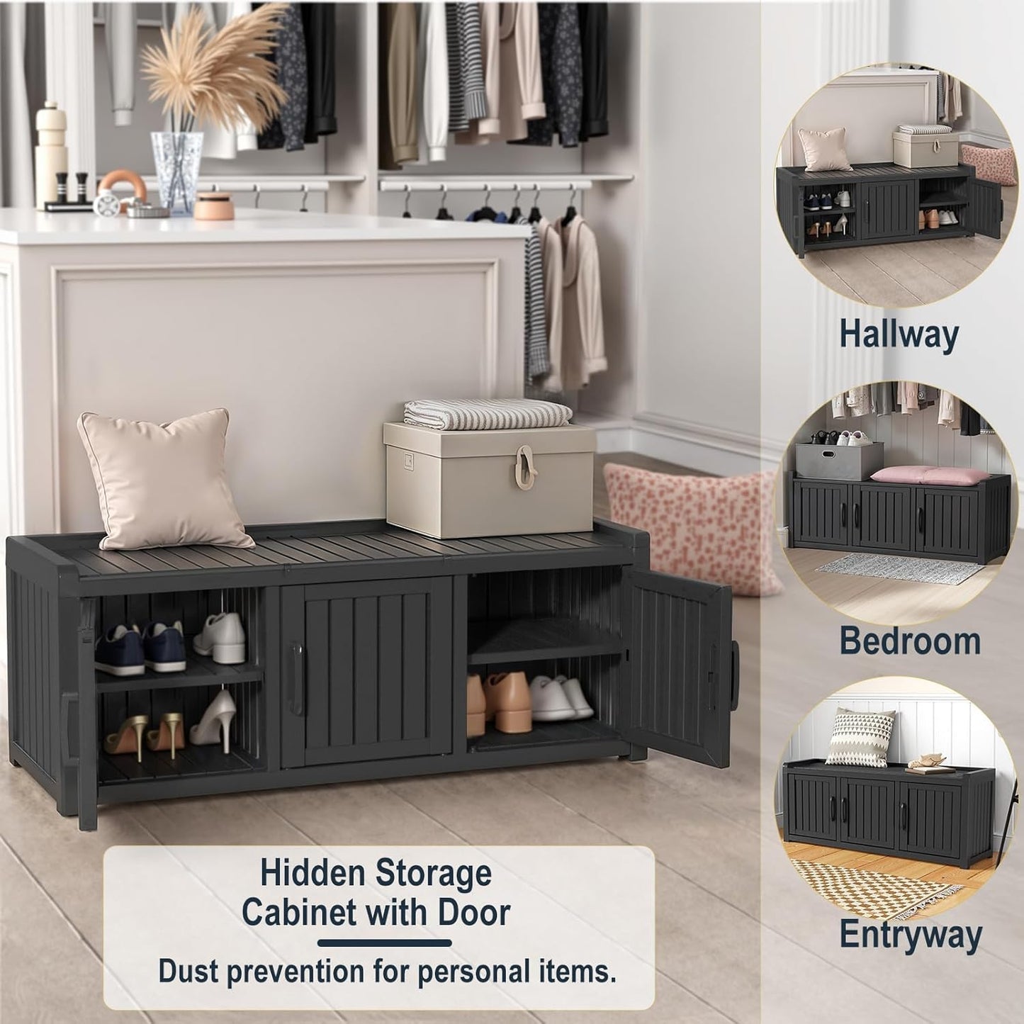 ROJIK Shoe Cabinet Waterproof UV-Resistant,Storage Bench Indoor Outdoor with Adjustable Shelves,for Entryway Bedroom,Hallway,Living Room(3 Door,Black)