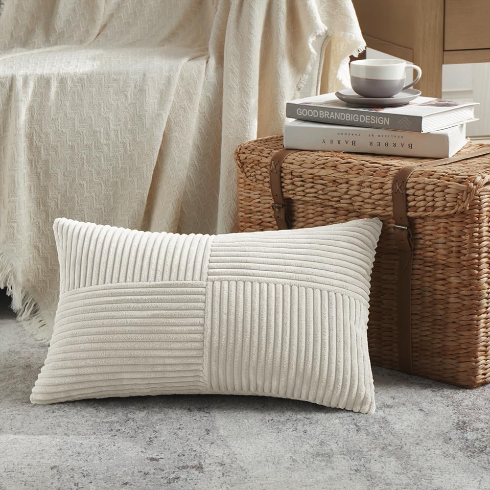 Fancy Homi 2 Packs Cream Lumbar Decorative Throw Pillow Covers 20x28 Inch for Living Room Couch Bed Sofa, Rustic Farmhouse Boho Home Decor, Soft Striped Corduroy Rectangle Accent Cushion Case 50x70 cm