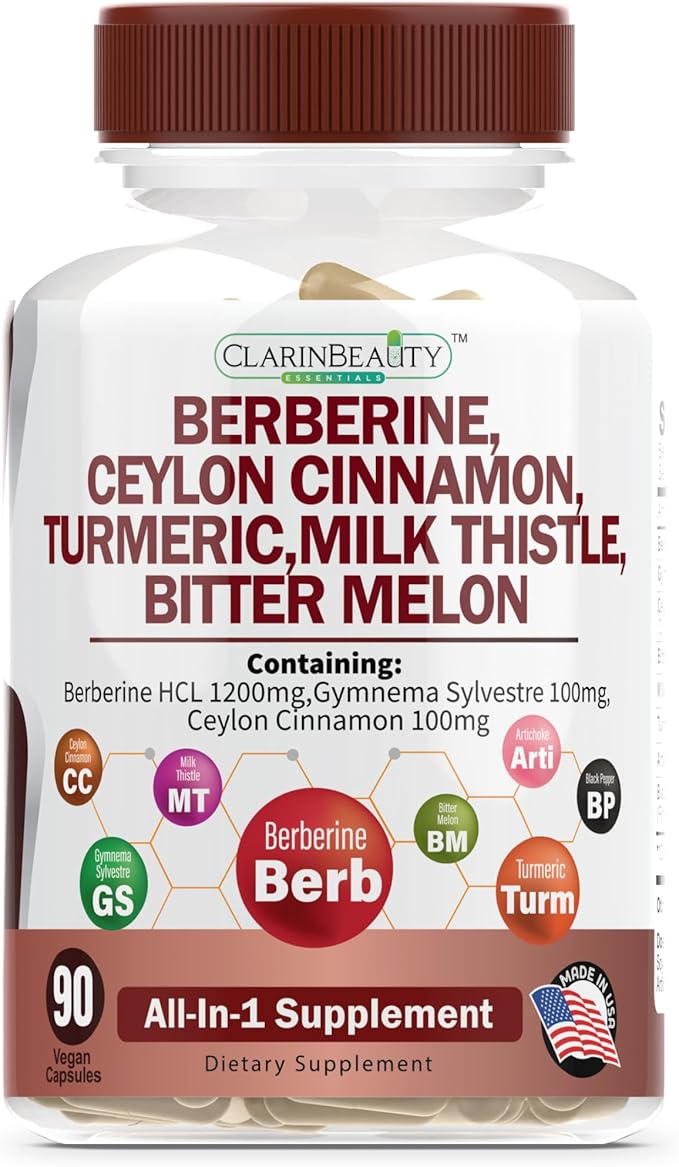 ClarinBeauty Premium Berberine 1200mg Ceylon Cinnamon 100mg Tumeric 50mg Milk 50mg Bitter 50mg Artichoke 50mg with 90 Capsules