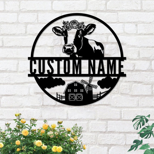 Custom Cow Metal Sign, Personalized Family Name Wall Art, Farmhouse Customized Gifts for Farmer, Flower Monogram Decor for Living Room Indoor Outdoor Hanging