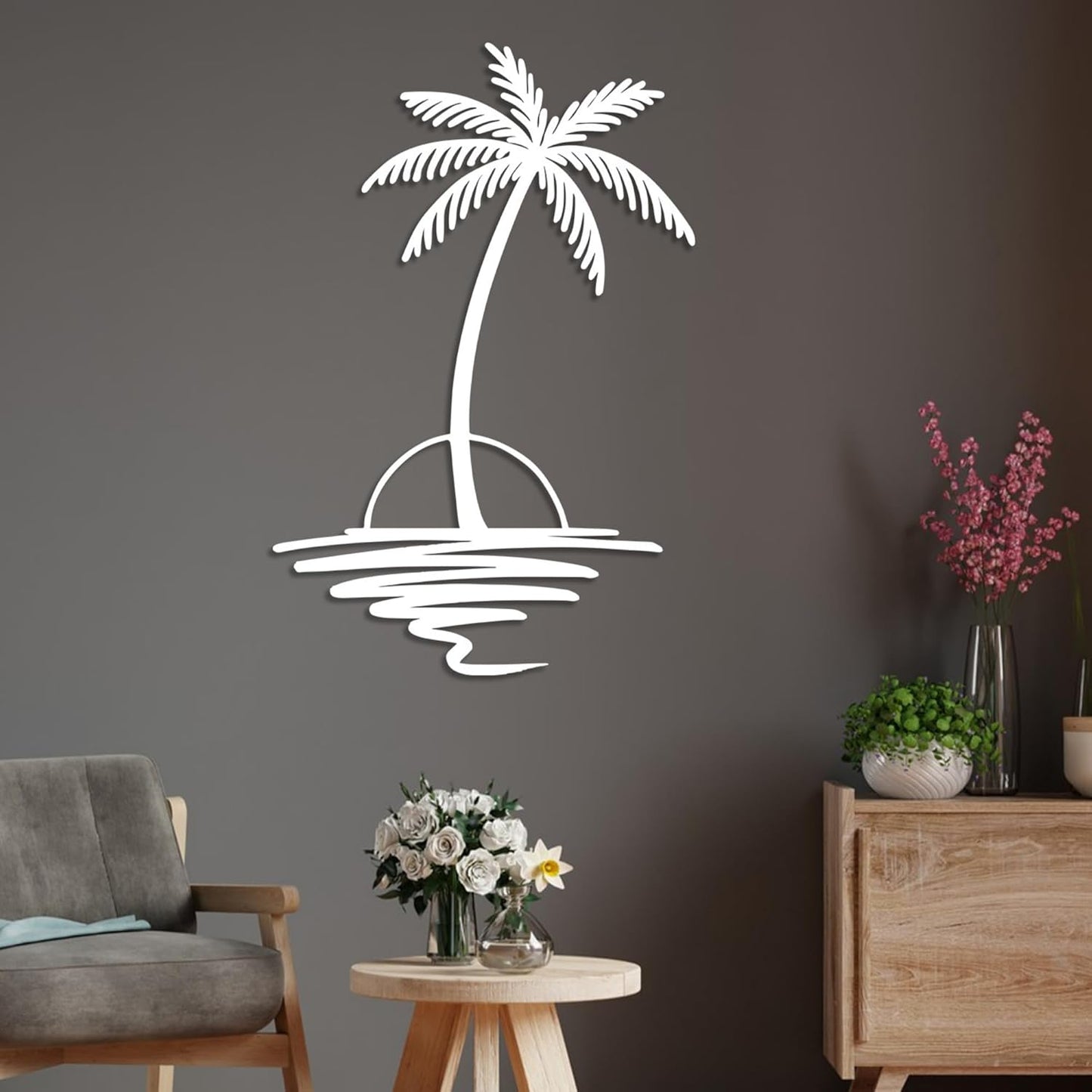 Metal Palm Tree with Sunset Wall Art, Large Outdoor Wall Decor, Tropical Beach Coastal Decor for Living Room, Bedroom, Garden Home Wall Sign, Perfect Metal Wall Art for Beach House, Coastal Theme, and Home Decoration (White, 18 x 14 inches)