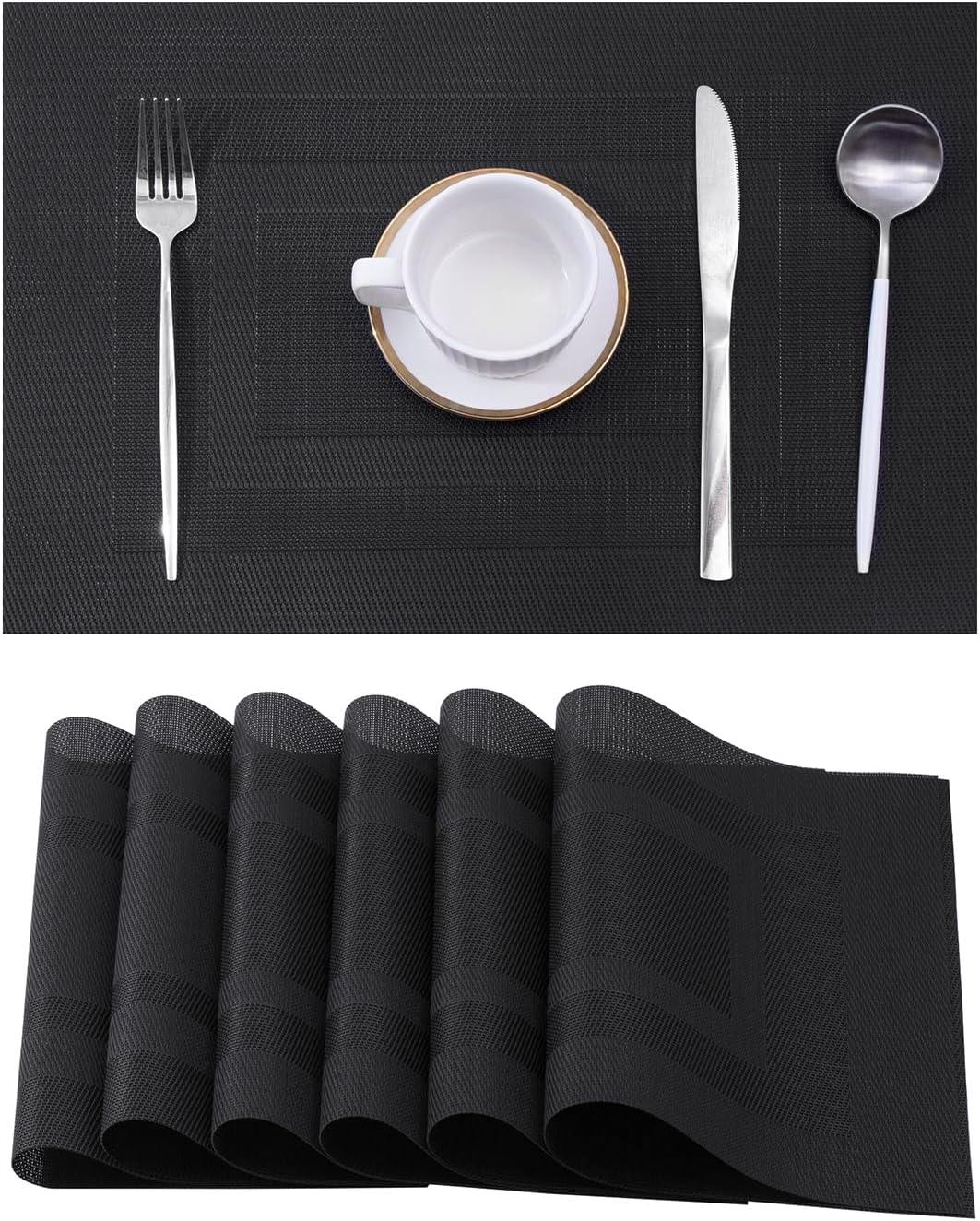 Leetaltree Black Frame Placemats Set of 6 - Heat Resistant Non-Slip Place mats for Dining Table, Washable Durable PVC Vinyl Woven Table Mats（Black Frame, 6）