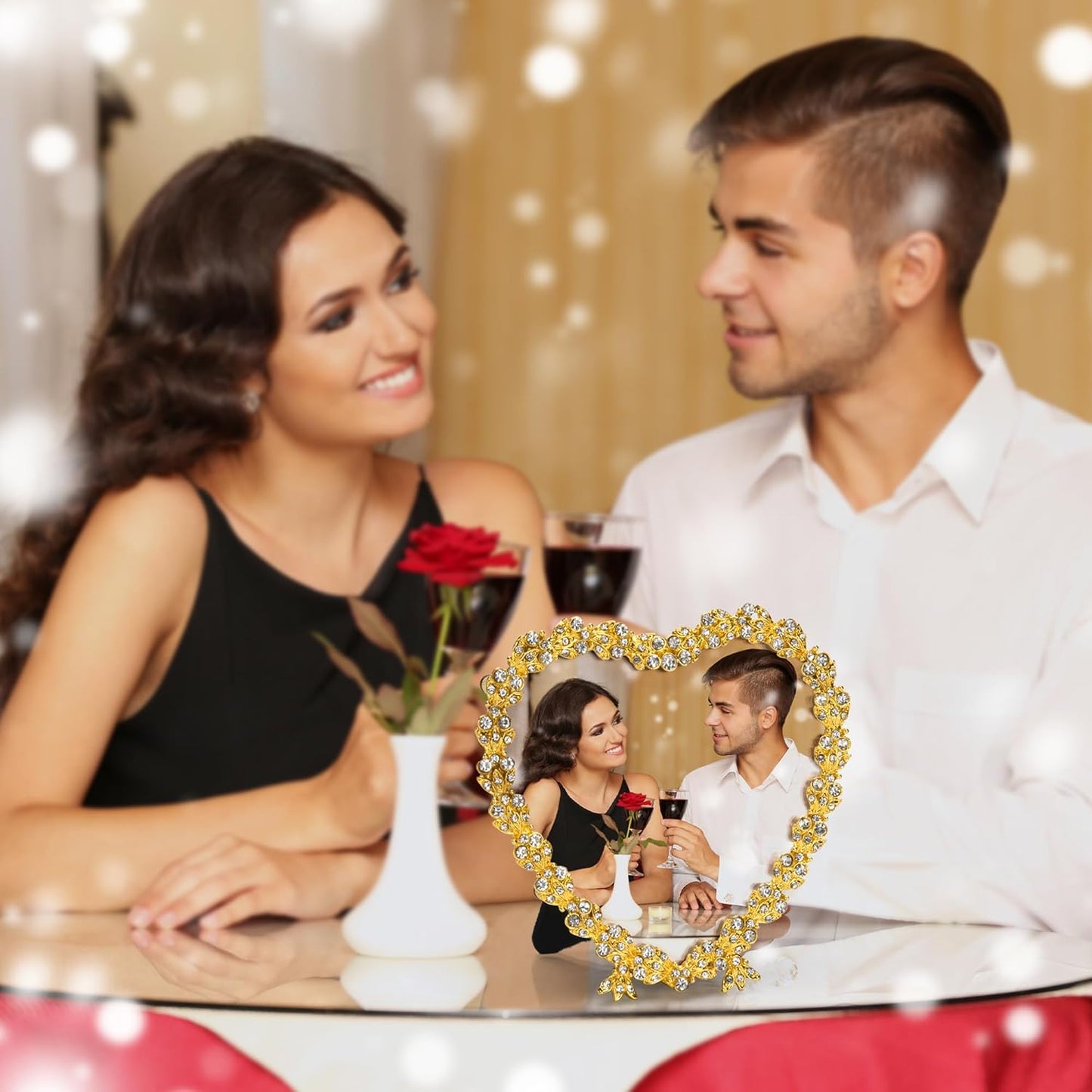 Heart Shaped Wedding Picture Frames for Couple - Beaded Crystal 4x4 Picture Frame – Engagement Gift, Wedding Gift for newlyweds - Fits 3.5x3.5 photo - Valentine Picture Frame (Golden)