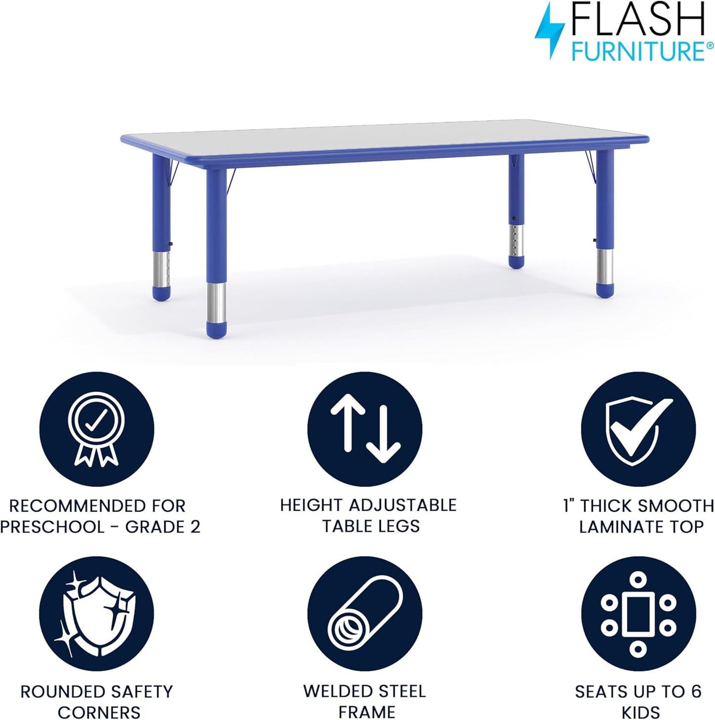 Flash Furniture Wren Adjustable Classroom Activity Table for School and Home, Plastic Activity Table for Kids, 23.625" W x 47.25" L, Gray/Blue