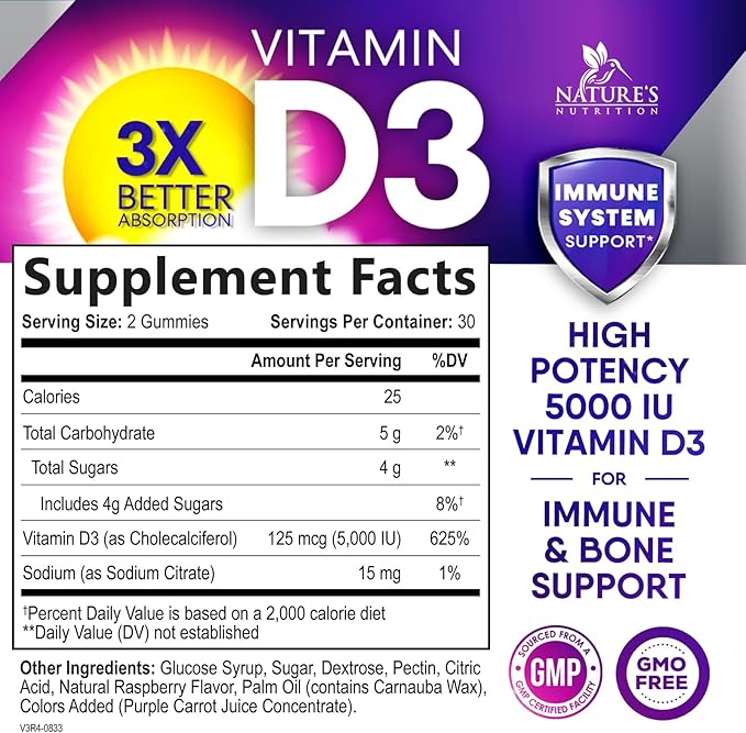 Vitamin D3 Gummy Vitamins Extra Strength 5000 IU (125 mcg) 60 Gummies