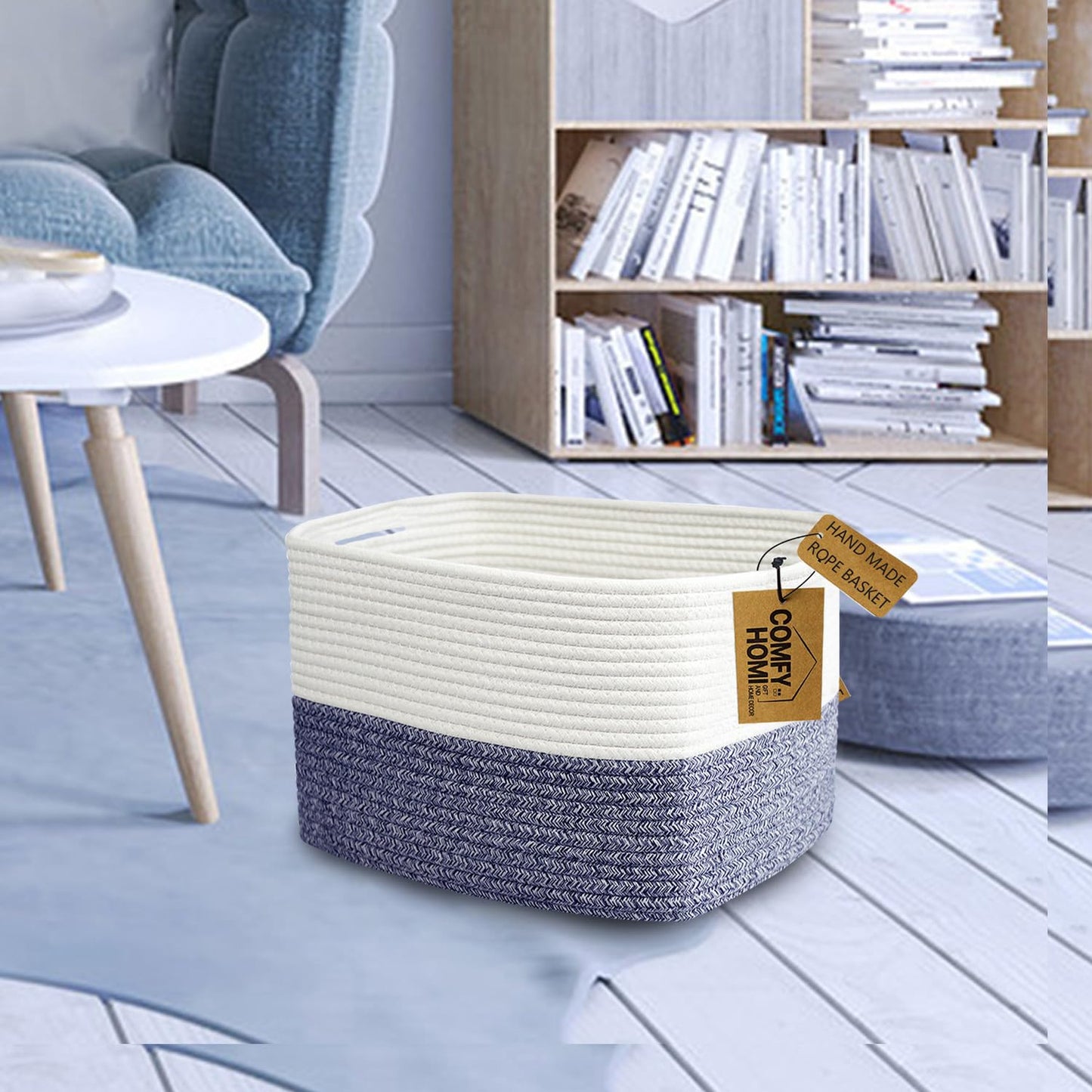 COMFY-HOMI Medium Cotton Rope Basket With Handles for Shelves|Dog Toy|Baby Gift Basket Empty for Organizing|NEW Generation 13.5" x 11" x 9.5" Living Room (Navy Blue)