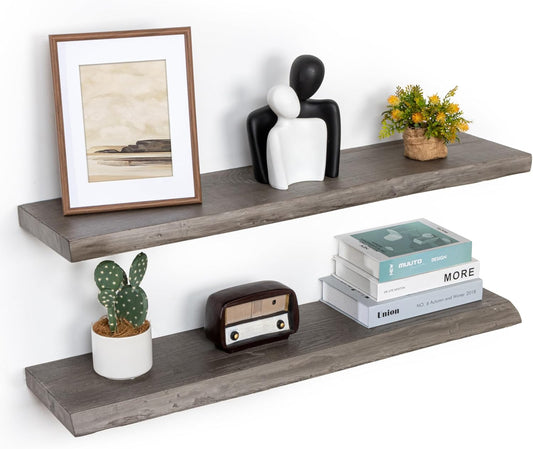Floating Shelves for Wall, 36"x9.3" Rustic Solid Live-Edge Elm Wood Wall Shelves, Heavy-Duty Floating Shelves with Invisible Brackets, Set of 2 for Living Room, Bedroom, and Kitchen, Grey Finish