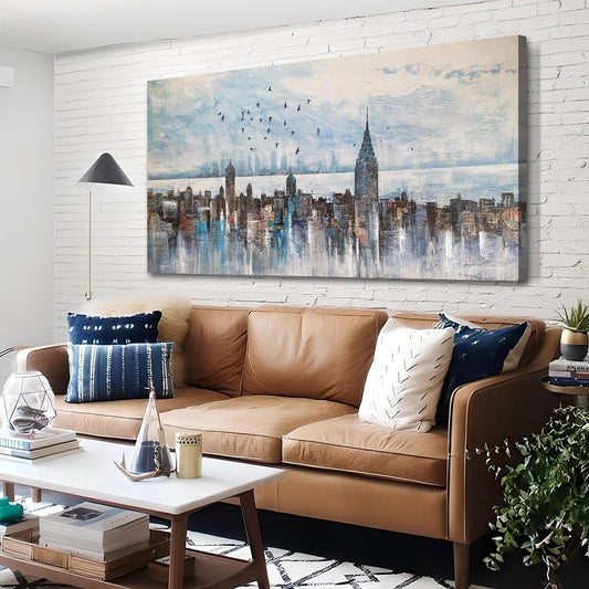 Arjun Cityscape Wall Art New York City Skyline Buildings Picture Modern Abstract Grey NYC Skyline Birds Painting Framed Artwork for Bedroom Living Room Bathroom Home Office Decor, Large Size 40"x20"