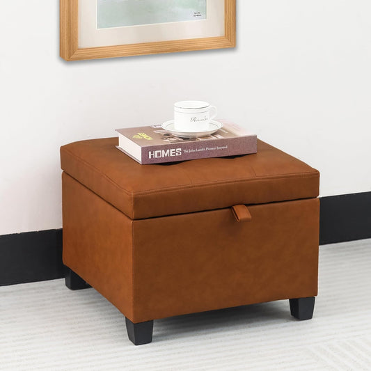 Adeco 17.5" Faux Leather Storage Ottoman with Hinged Lid, 14 Inch High Square Cube Foot Stool with Storage, Upholstered Vanity Stool with Solid Wood Legs for Living Room, Bedroom, Dorm (Warm Orange)