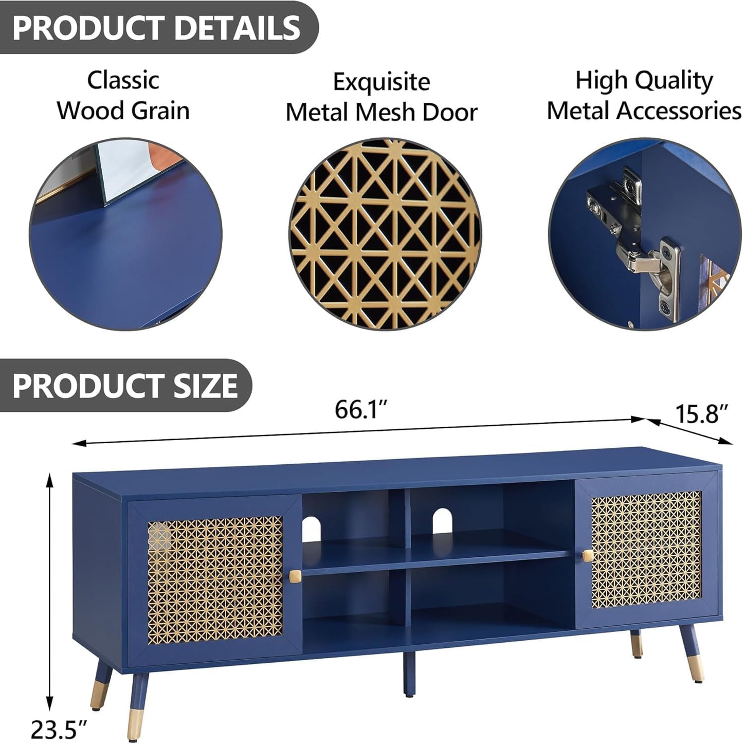 Mid Century Modern Entertainment Center, Blue TV Stand for TVs up to 75", Boho Tv Furnitures with Storage Cabinet and Shelves, Tv Console Media Center with Gold Metal Mesh Doors for Living Room