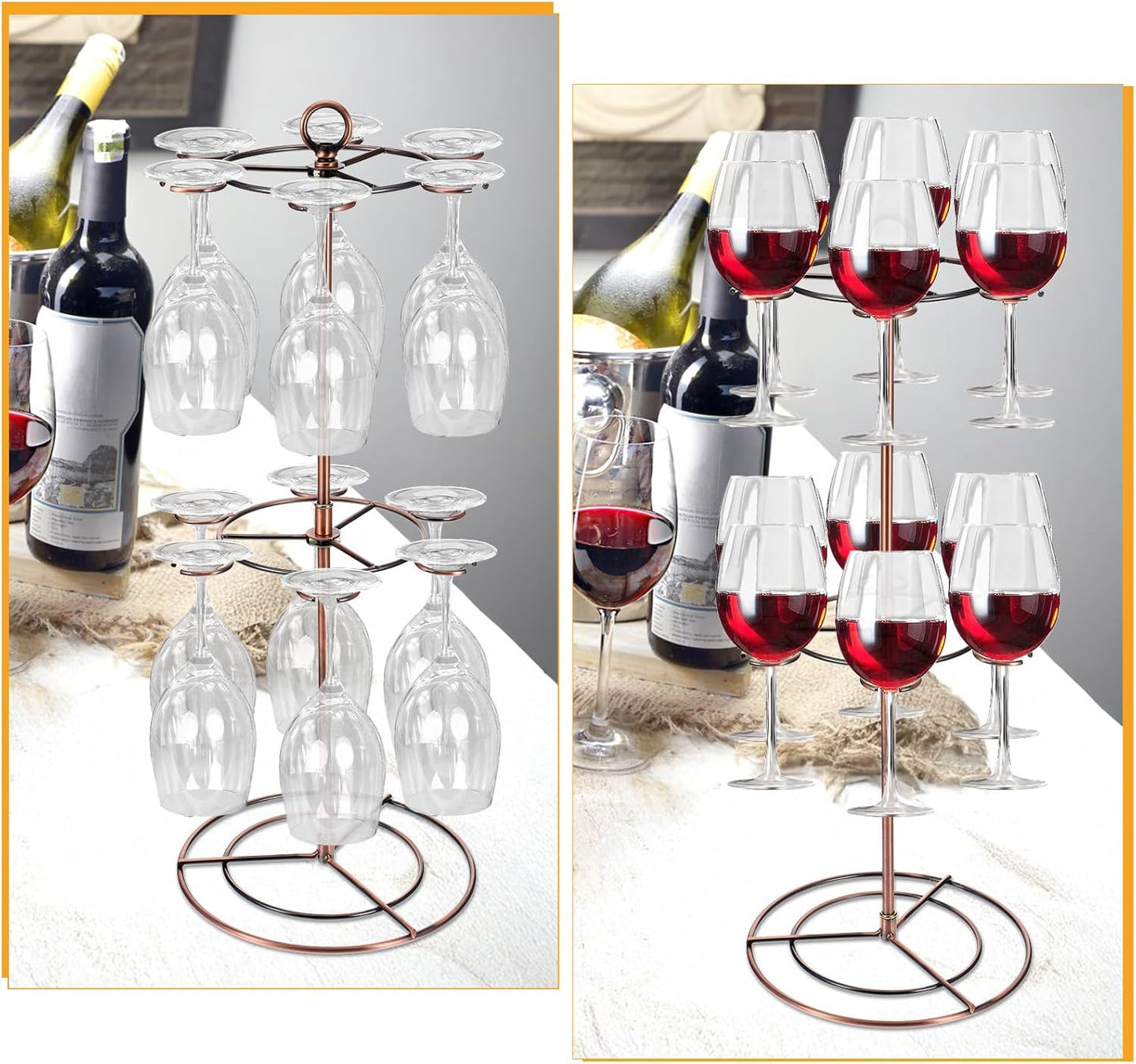 Black Metal Countertop Wine Glass Holder with Scrollwork Design, Freestanding Tabletop Stemware Storage Rack with 12 Hooks