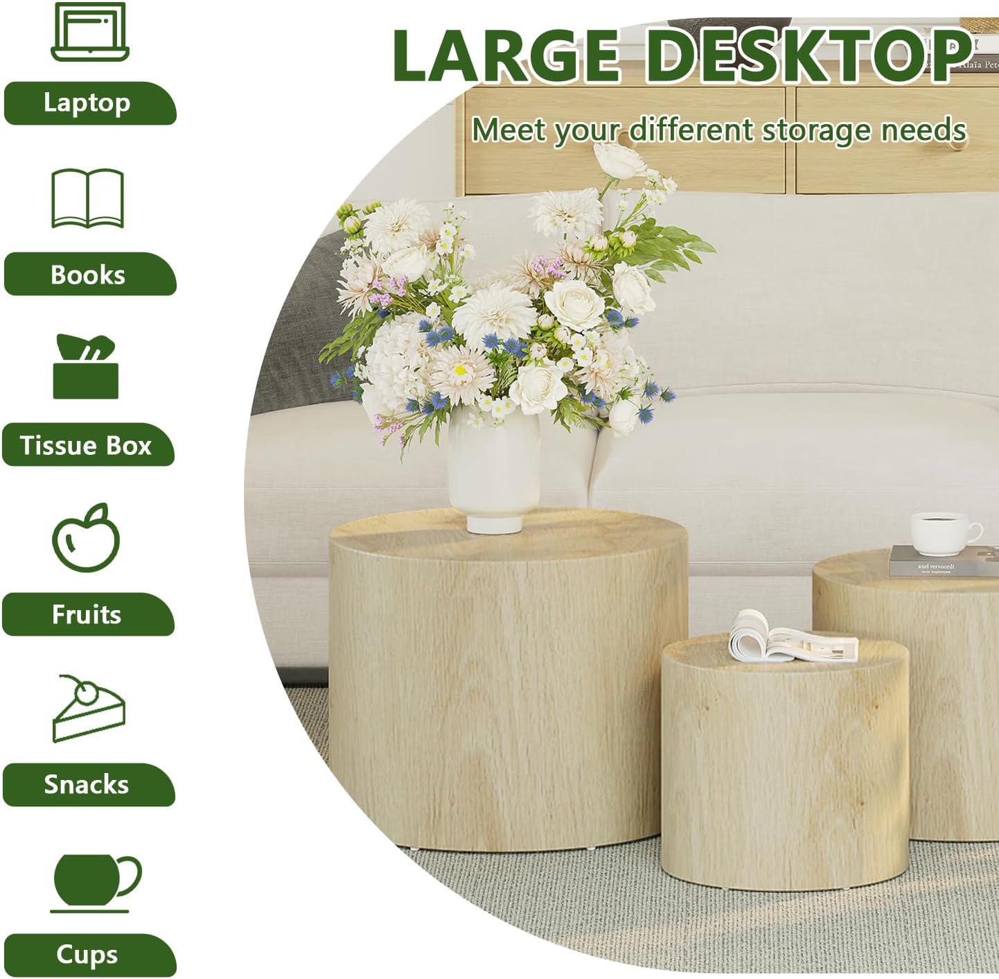 Vikiullf Nesting Coffee Table Set of 3, Round Wooden Coffee Tables, Modern Circle Table for Living Room Side Table End Table, Saving Space Design and No Need Assembly,Natural Wood Grain