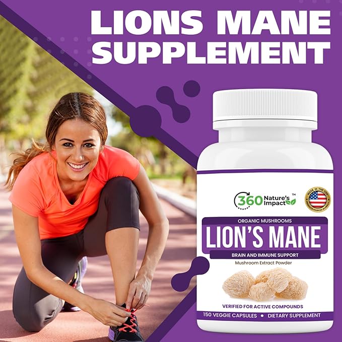 360 Nature's Impact Lions Mane Mushroom Supplement Capsules (150 Capsules) for Brain Health Support Supplement, Organic Supplement with Beta-Glucans & Hypromellose for Cognitive System