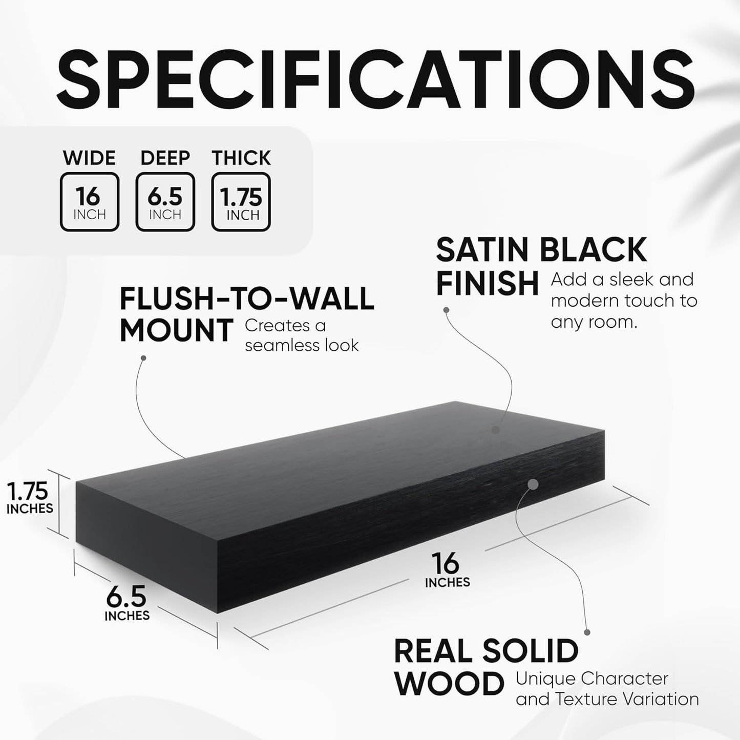 Homeforia 16 inch Black Floating Shelves, High End Solid Real Wood 16inch Bathroom Floating Shelves for Wall Mounted, 16in Wooden Small Floating Shelf, Heavy Duty Bracket, 16 X 6.5 X 1.75 in, Set of 2