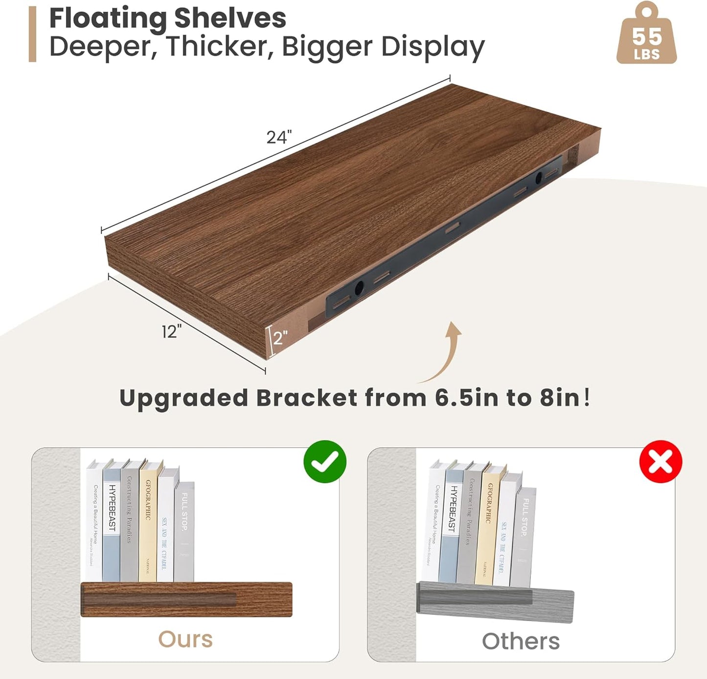 Heimlove 24 x 12 Inch Deep Floating Shelves Wall Mounted with Invisible Brackets,Storage Hanging Shelf for Wall Decor in Bathroom, Bedroom, Toilet, Kitchen, Living Room, Office Set of 2 (Walnut)