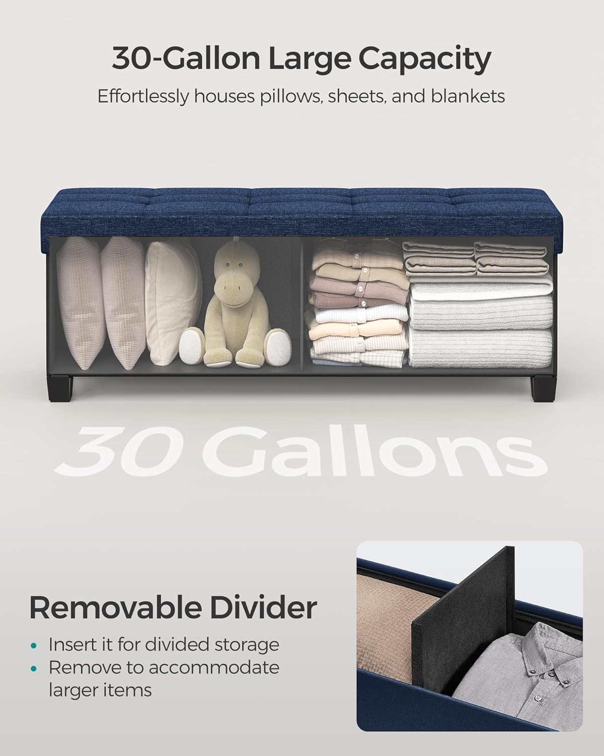 SONGMICS Storage Ottoman Bench, Foldable Foot Rest with Legs, 15 x 43 x 15.7 Inches, End of Bed Bench, Storage Chest, Load up to 660 lb, for Living Room, Bedroom, Entryway, Midnight Blue ULSF018I01