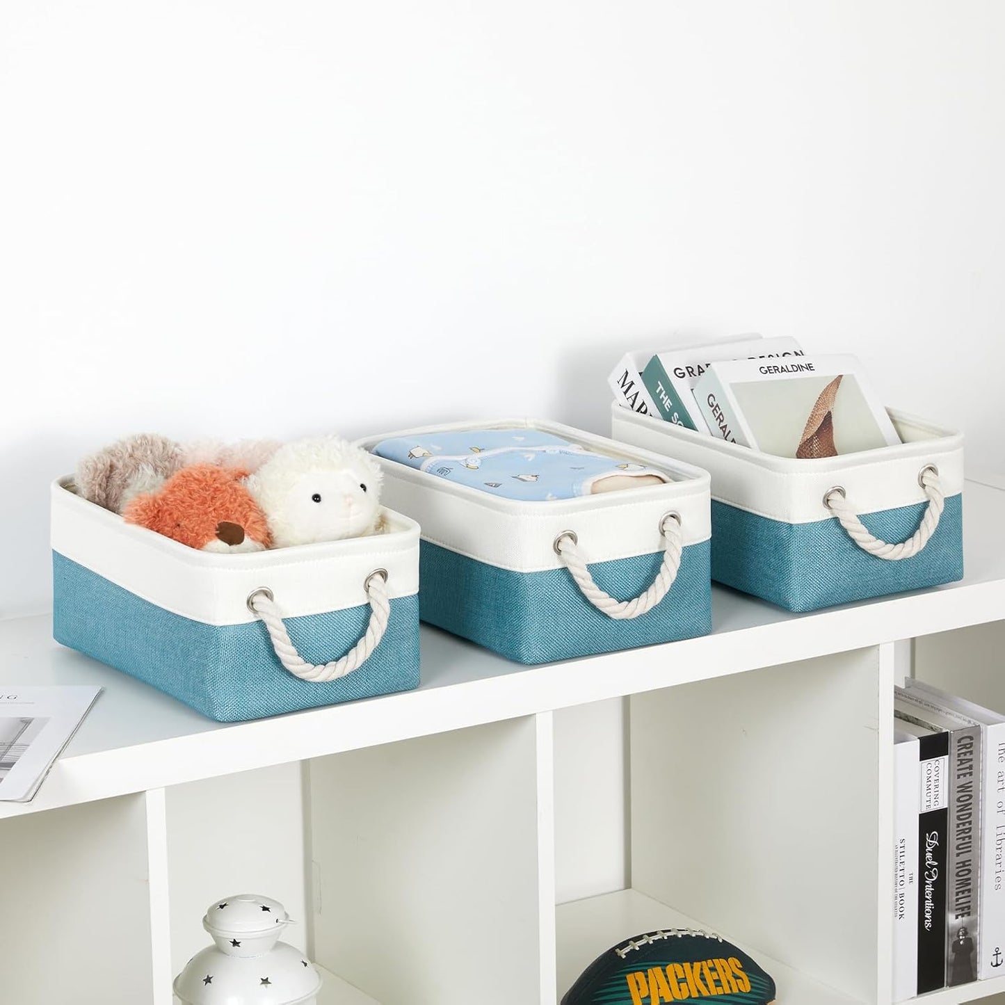 Bidtakay Small Storage Baskets for Shelves 3 Pack Fabric Storage Bins for Organizing Linen Collapsible Organizer for Closet-White&Teal