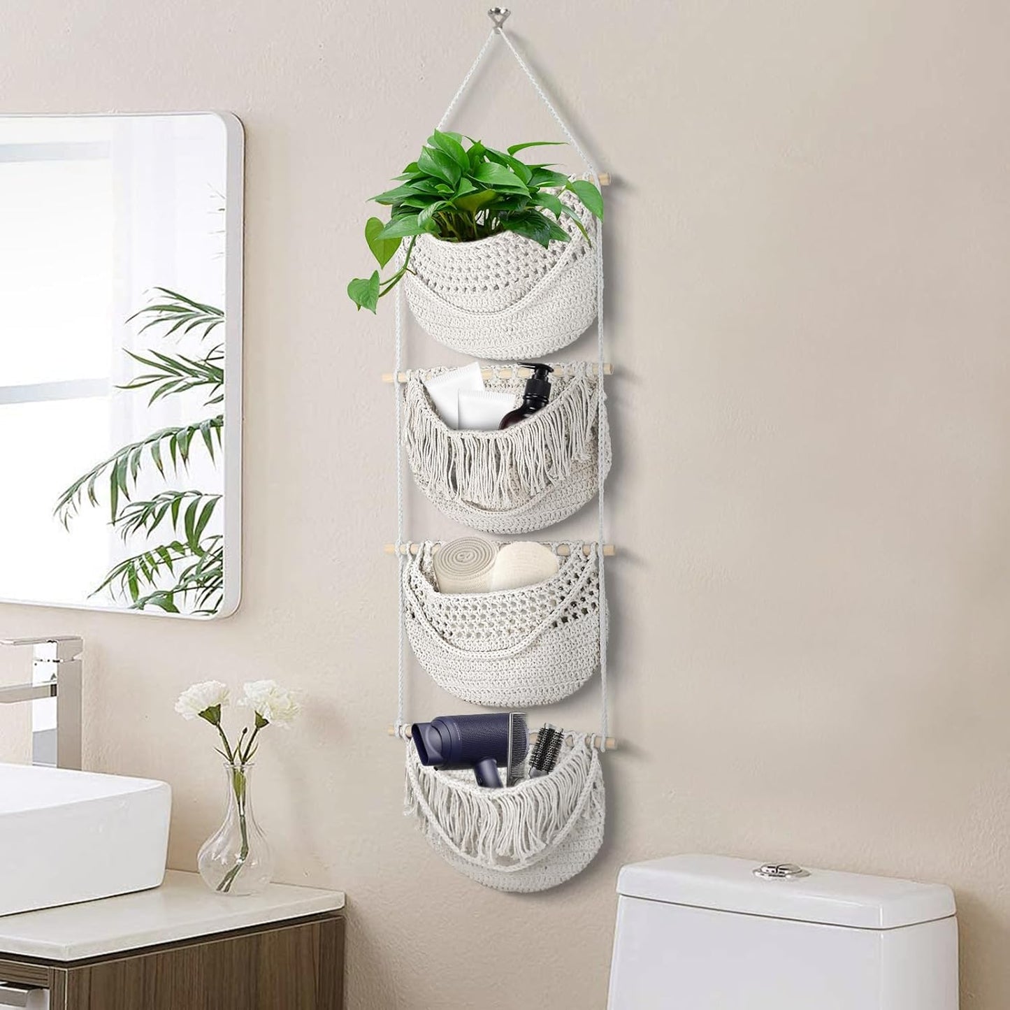 4 Tier Hanging Fruit Basket for Kitchen, 4 Pack Detachable Cotton Crocheted Wall Hanging Baskets Shelf Over Door Organizer for Fruit Veggie Plant, Hanging Storage Basket for Bathroom Bedroom(Beige)