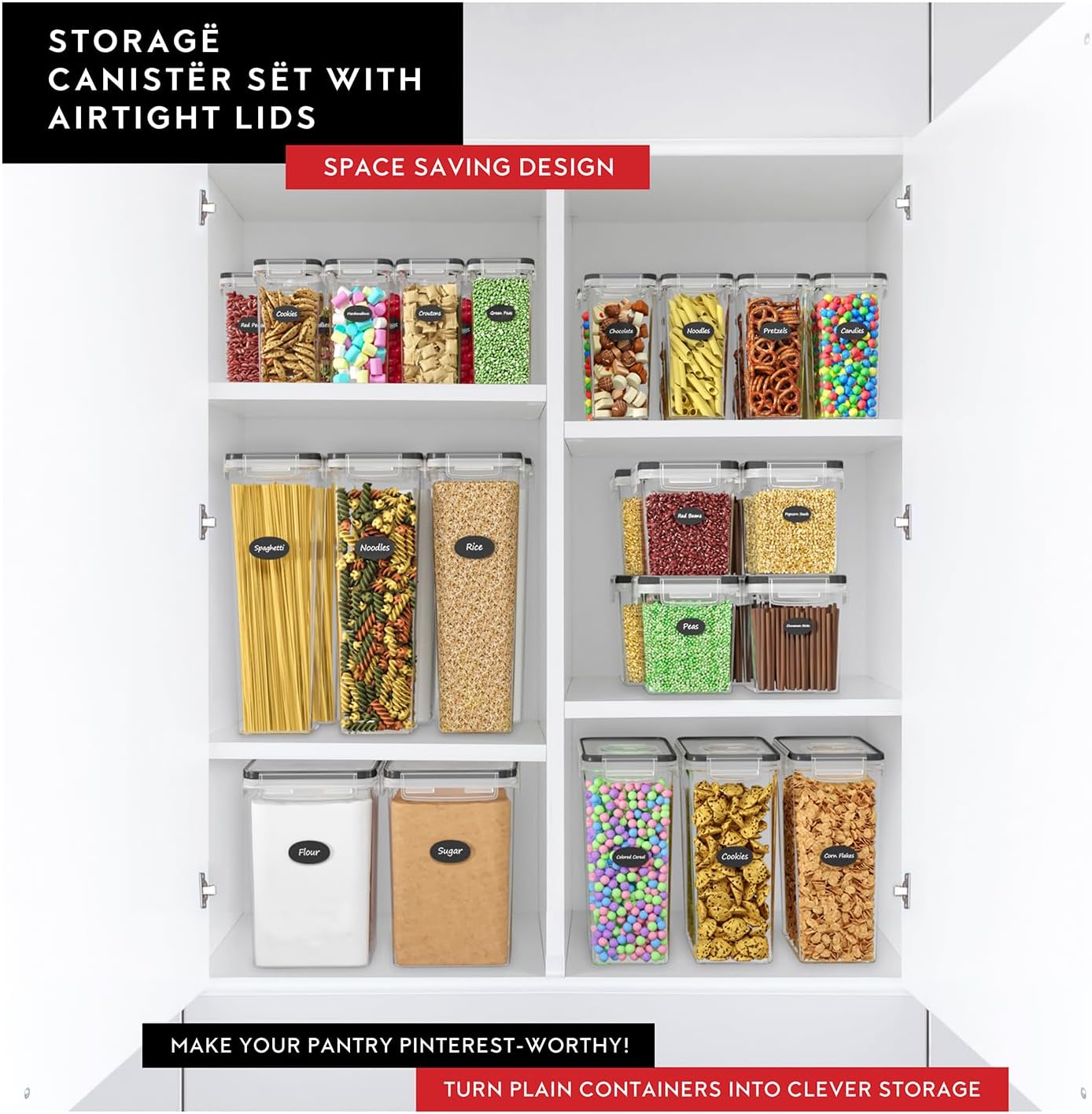 Extra Large Flour and Sugar Storage Containers 6.5L - 220 Fl. Oz 2 Pc Plastic Bulk Airtight Food Storage Rice Containers With Lids - Kitchen Pantry Organizer and Storage Canisters, Marker and Labels