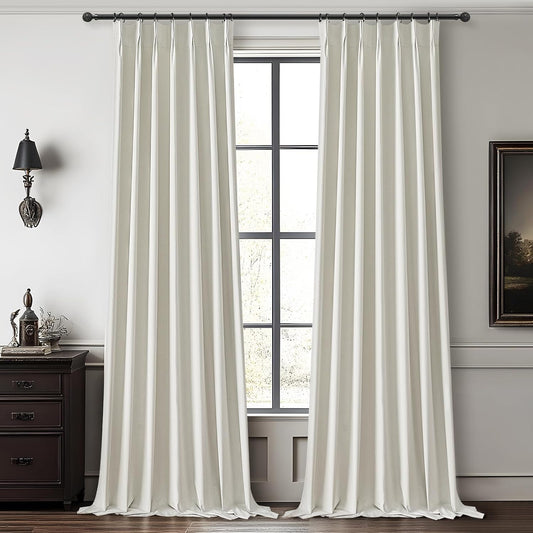 Tall Curtains for Living Room 108 Inches Long, Linen Pinch Pleated 100% Blackout Viral Window Curtains with Hooks for Bedroom Thermal Pleated Drapes for Nursery Beige White(40" Wx108 Lx2 Panels)