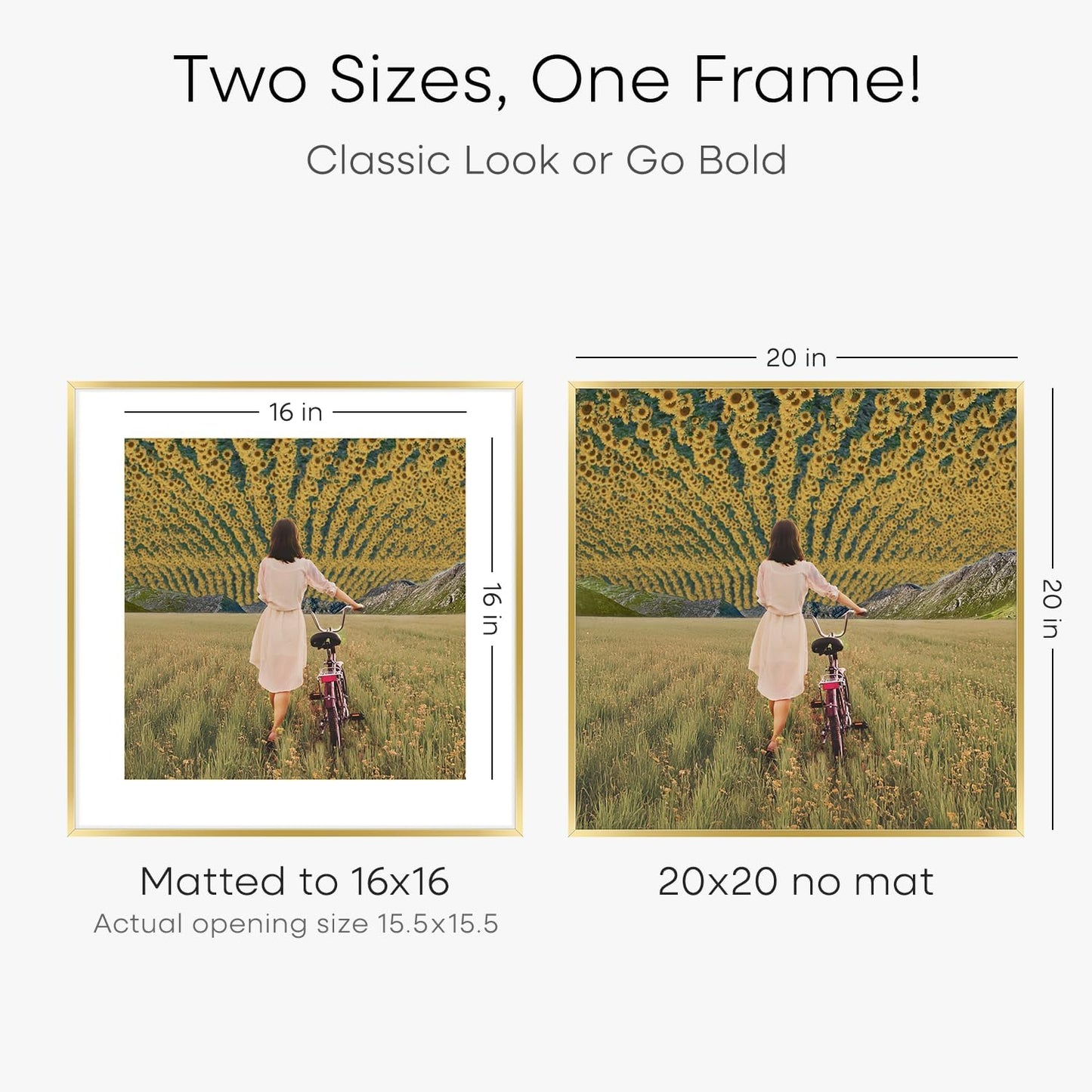 Homeforia 20x20 Picture Frame Gold, High End Metal 20 x 20 Square Poster Frame with Mat 16 x 16 Photo, 20x20 Frame Matted to 16x16 Print, 20by20 Gold Hanging Frames, Tempered Glass, Wall Kit, Set of 1